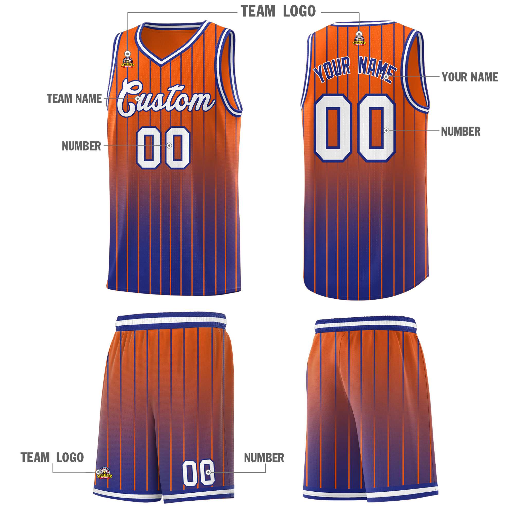 Custom Orange Royal Gradient Fashion Sets Sports Stripe Uniform Basketball Jersey