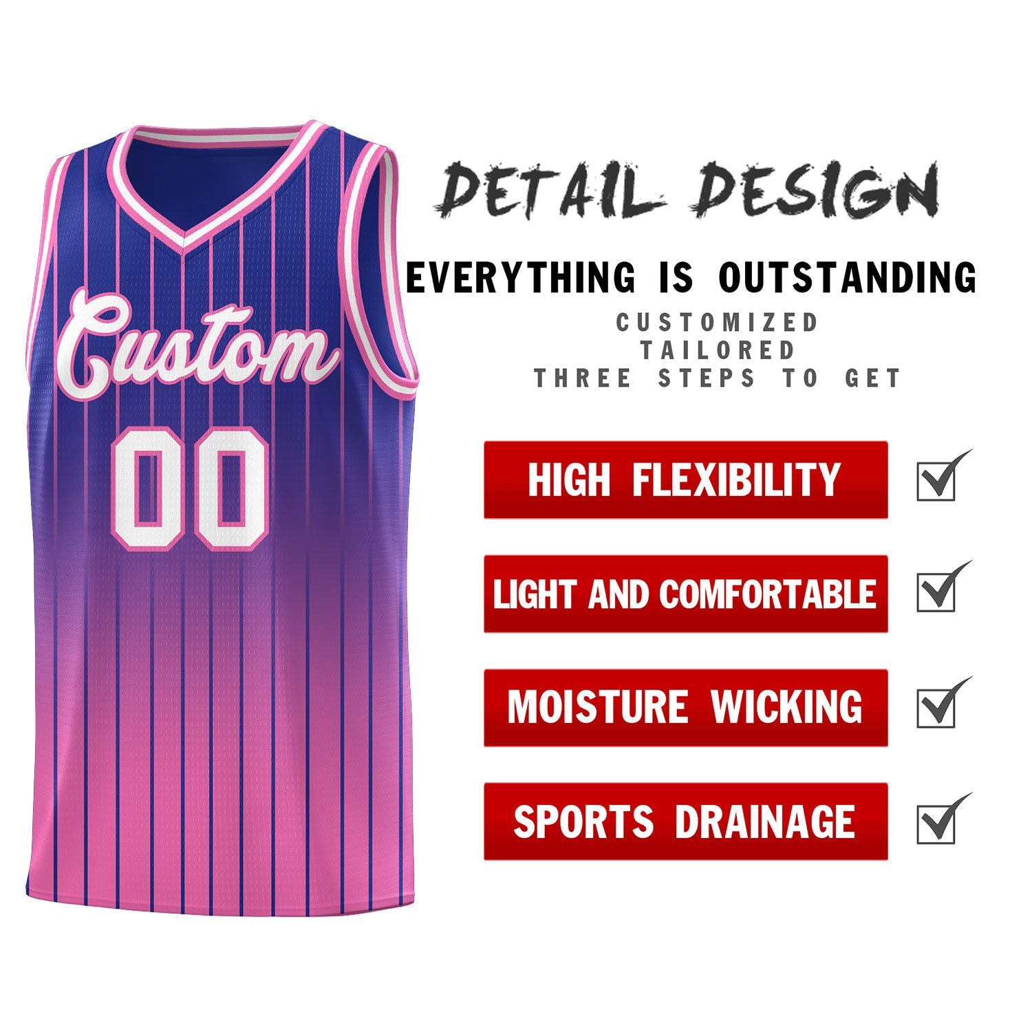 Custom Royal Pink Gradient Fashion Sets Sports Stripe Uniform Basketball Jersey