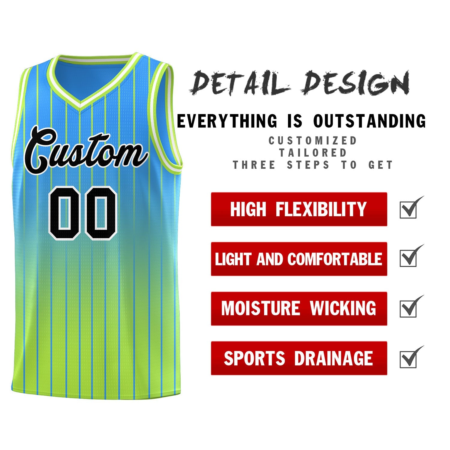 Custom Powder Blue Neon Green Gradient Fashion Sets Sports Stripe Uniform Basketball Jersey