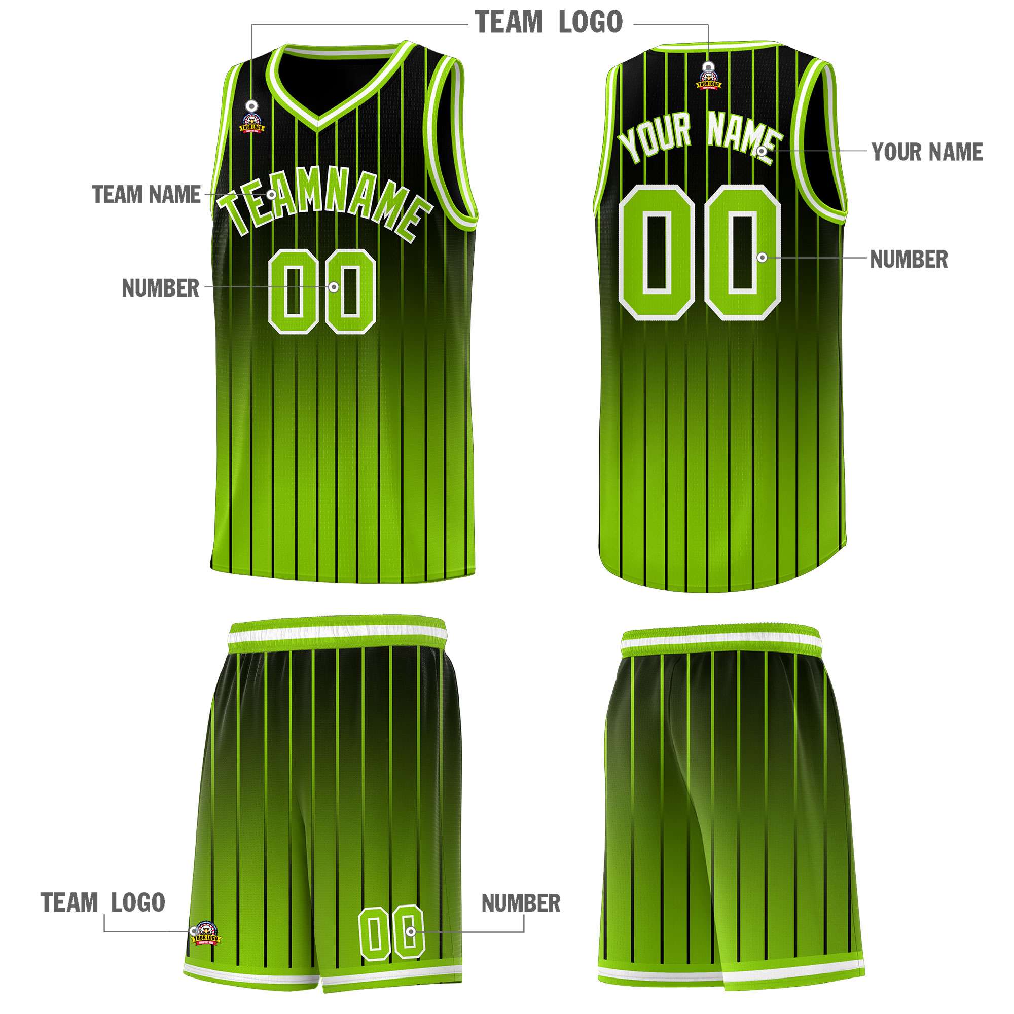 Custom Black Neon Green Gradient Fashion Sets Sports Stripe Uniform Basketball Jersey