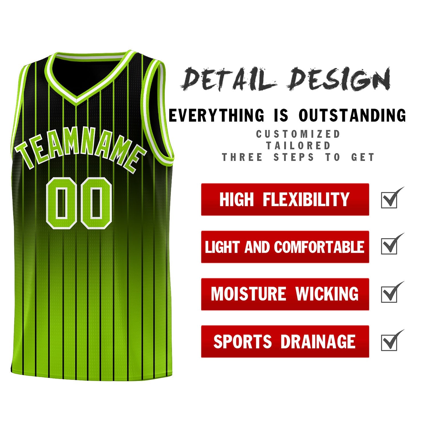 Custom Black Neon Green Gradient Fashion Sets Sports Stripe Uniform Basketball Jersey