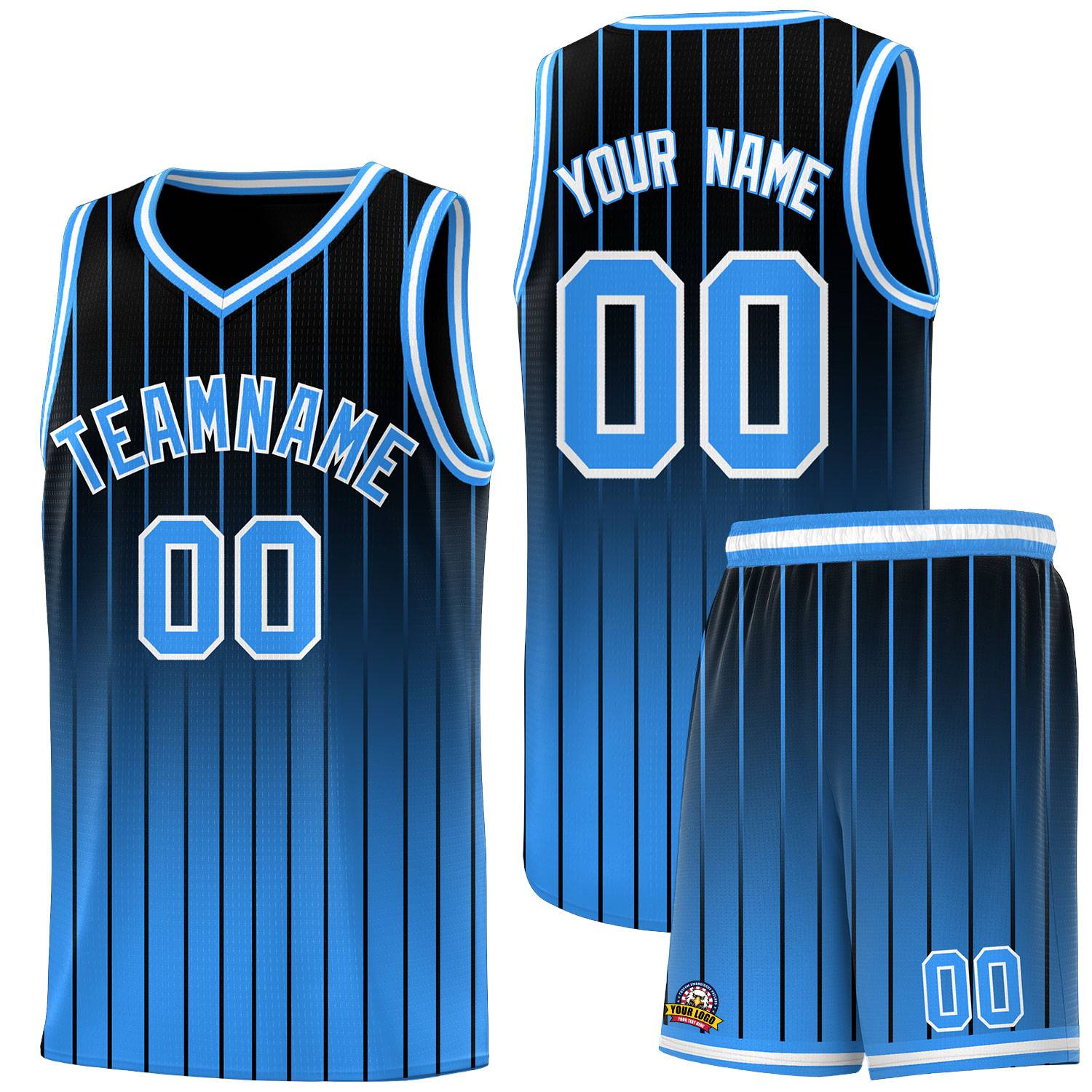 Custom Black Powder Blue Gradient Fashion Sets Sports Stripe Uniform Basketball Jersey