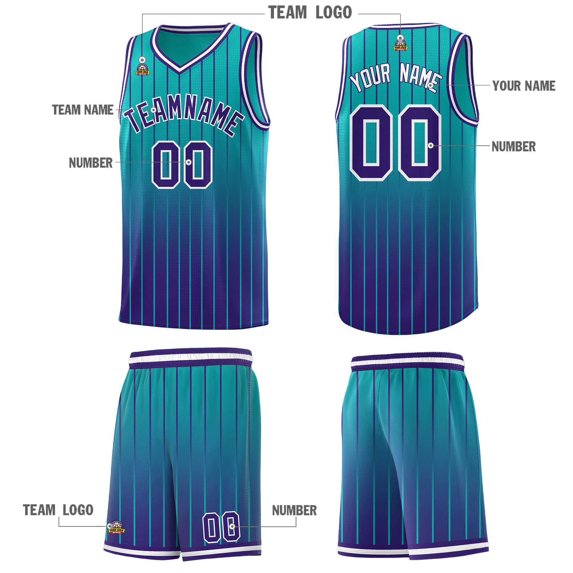 Custom Aqua Purple Gradient Fashion Sets Sports Stripe Uniform Basketball Jersey