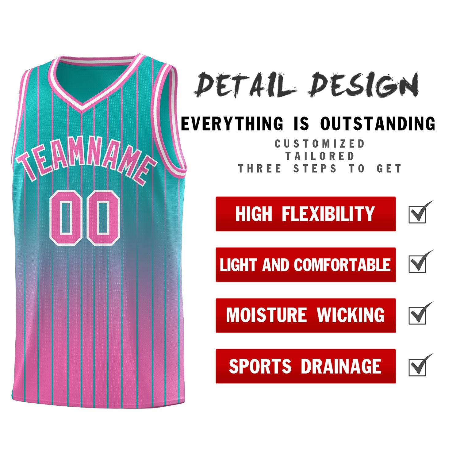 Custom Aqua Pink Gradient Fashion Sets Sports Stripe Uniform Basketball Jersey