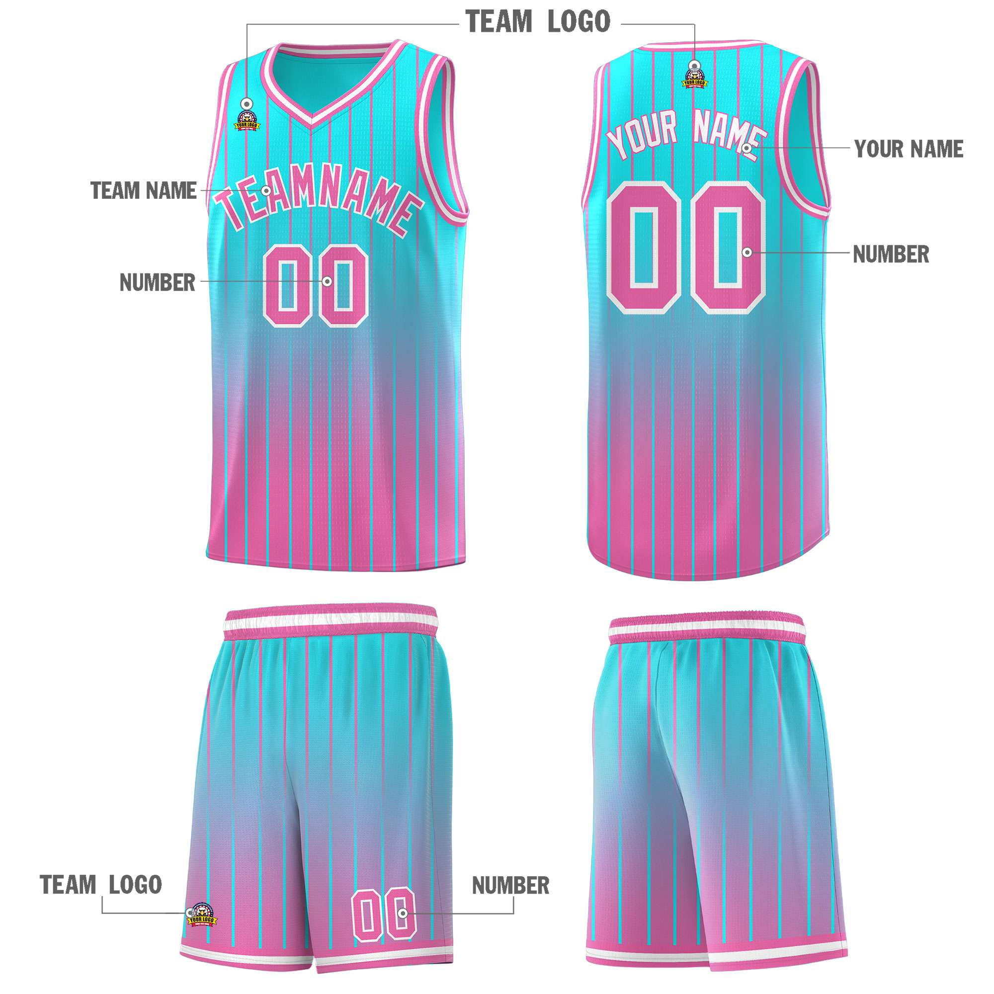 Custom Sky Blue Pink Gradient Fashion Sets Sports Stripe Uniform Basketball Jersey