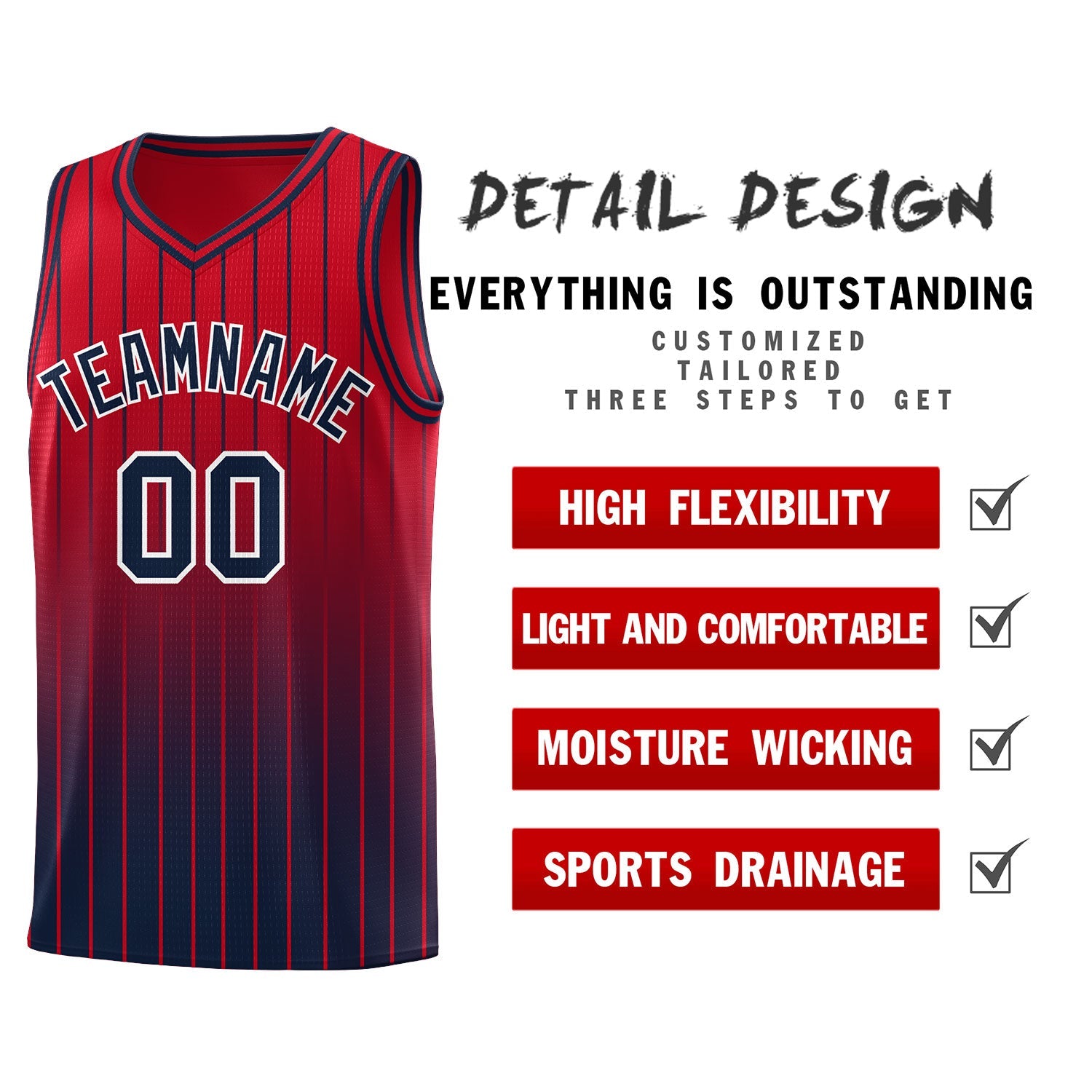 Custom Red Navy Gradient Fashion Sets Sports Stripe Uniform Basketball Jersey