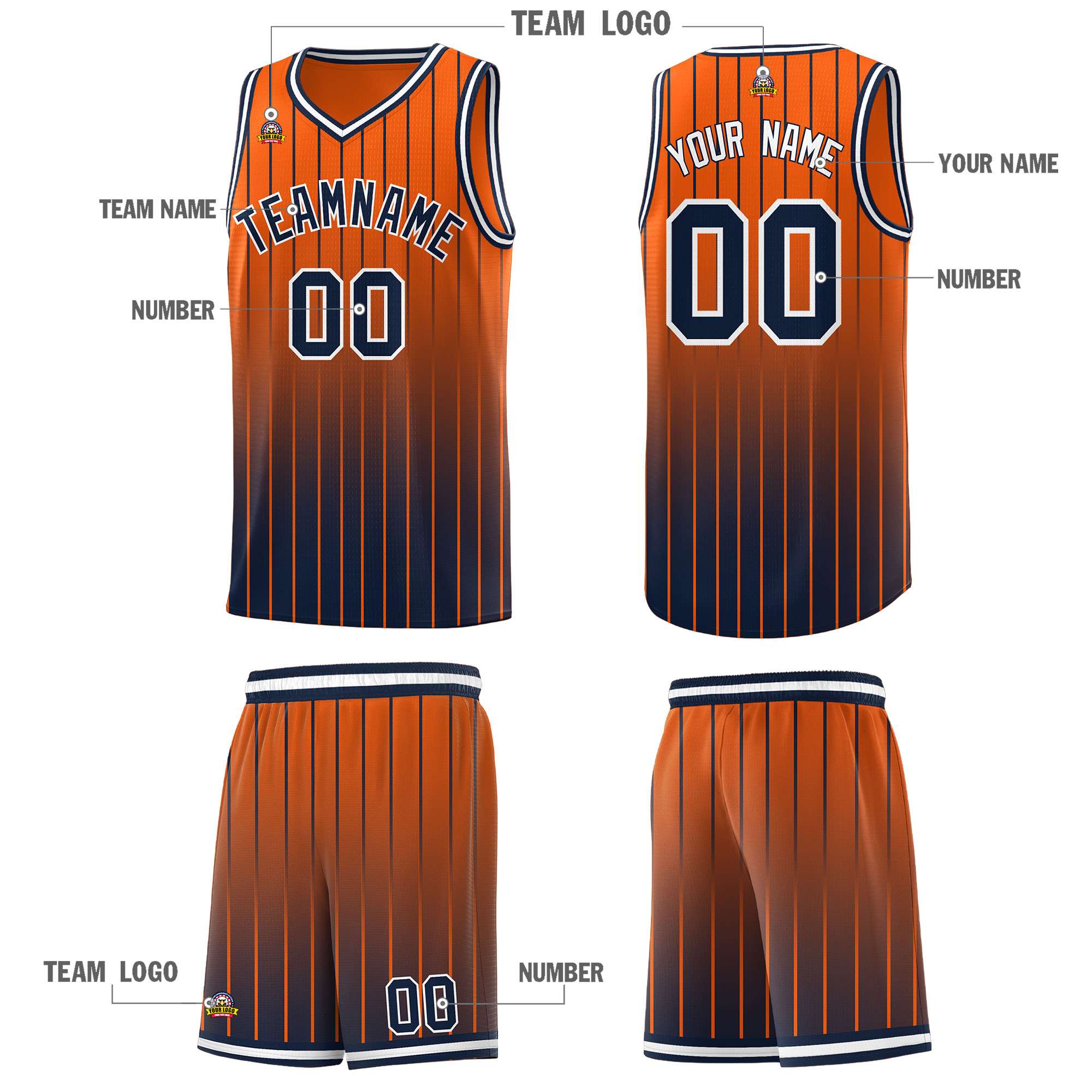 Custom Orange Navy Gradient Fashion Sets Sports Stripe Uniform Basketball Jersey