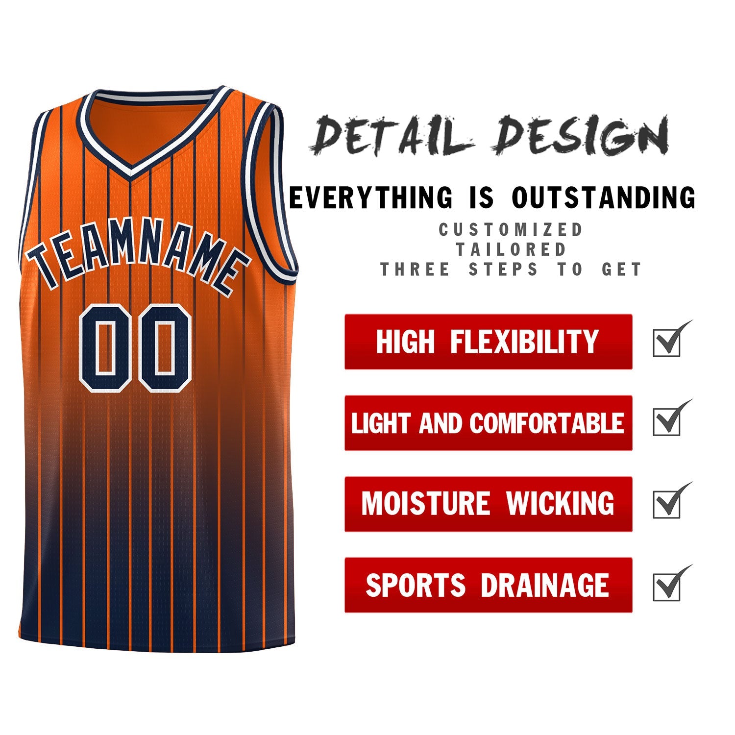 Custom Orange Navy Gradient Fashion Sets Sports Stripe Uniform Basketball Jersey