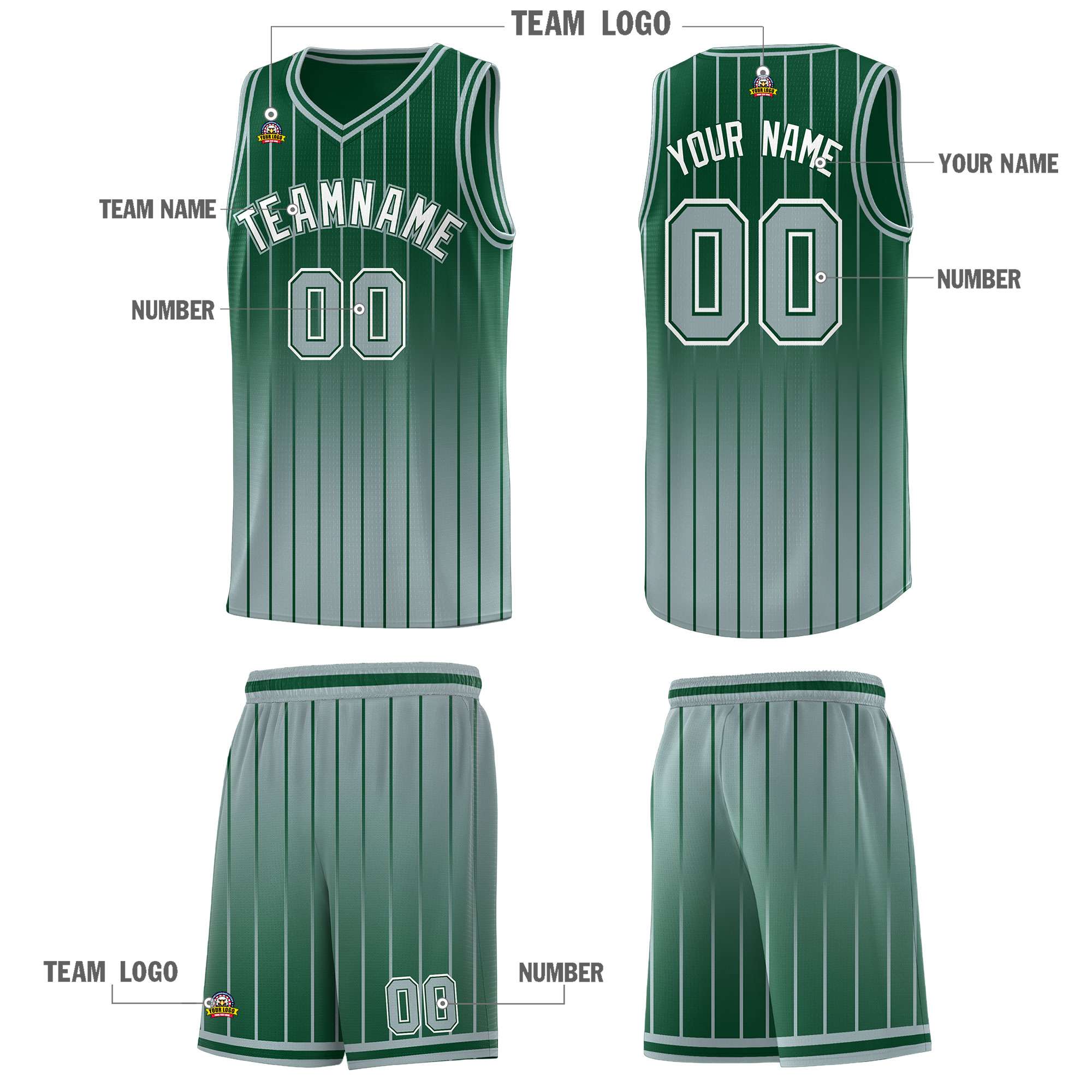 Custom Green Silver Gradient Fashion Sets Sports Stripe Uniform Basketball Jersey