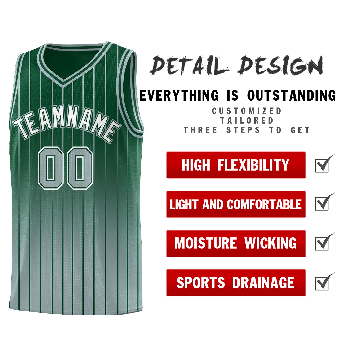 Custom Green Silver Gradient Fashion Sets Sports Stripe Uniform Basketball Jersey