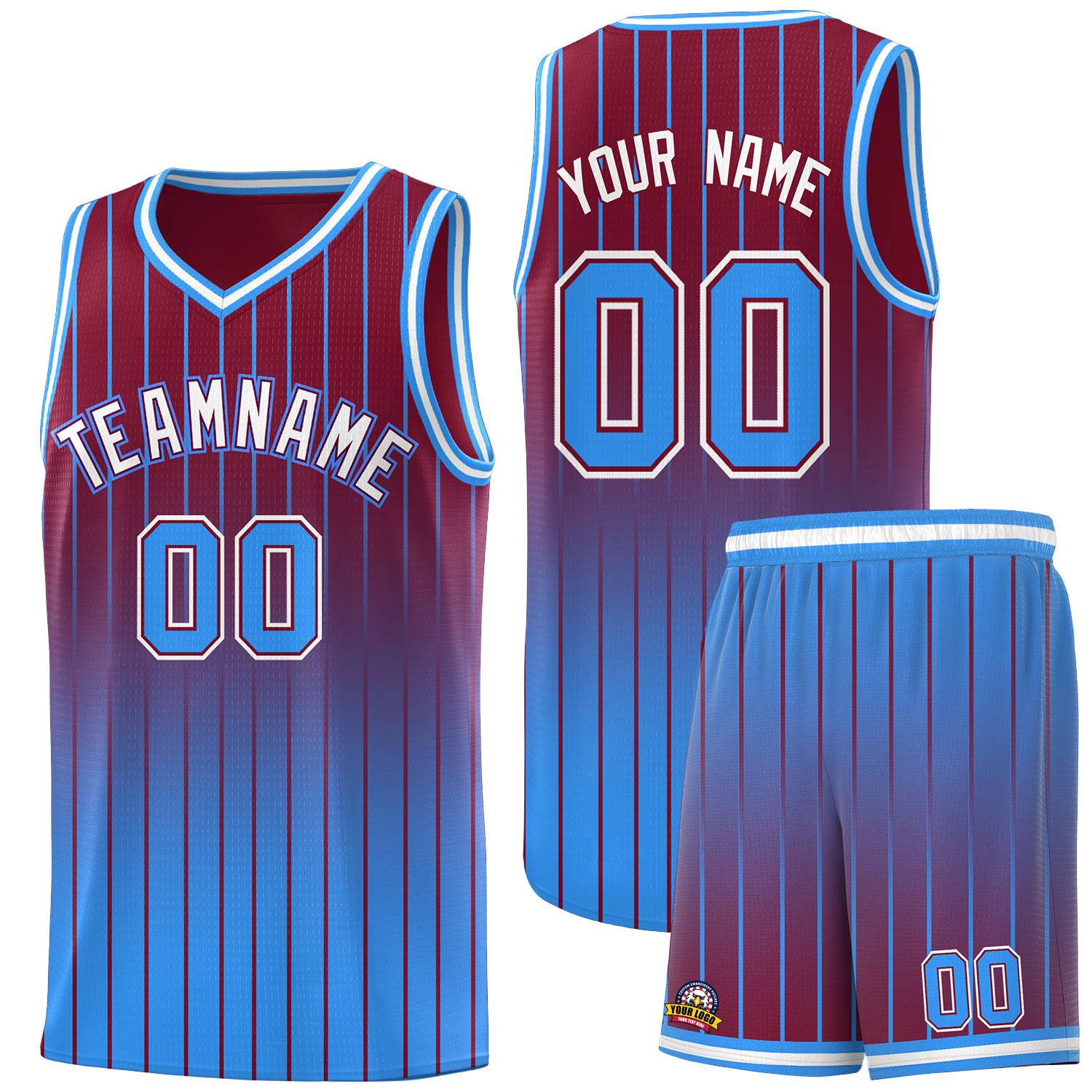 Custom Crimson Powder Blue Gradient Fashion Sets Sports Stripe Uniform Basketball Jersey