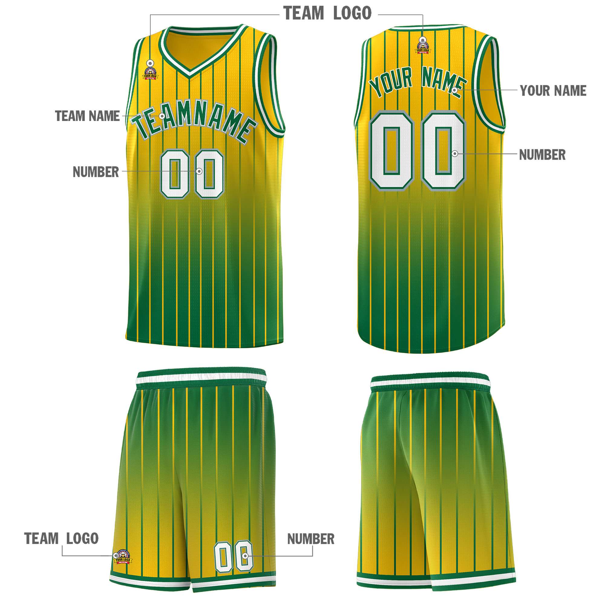 Custom Gold Kelly Green Gradient Fashion Sets Sports Stripe Uniform Basketball Jersey