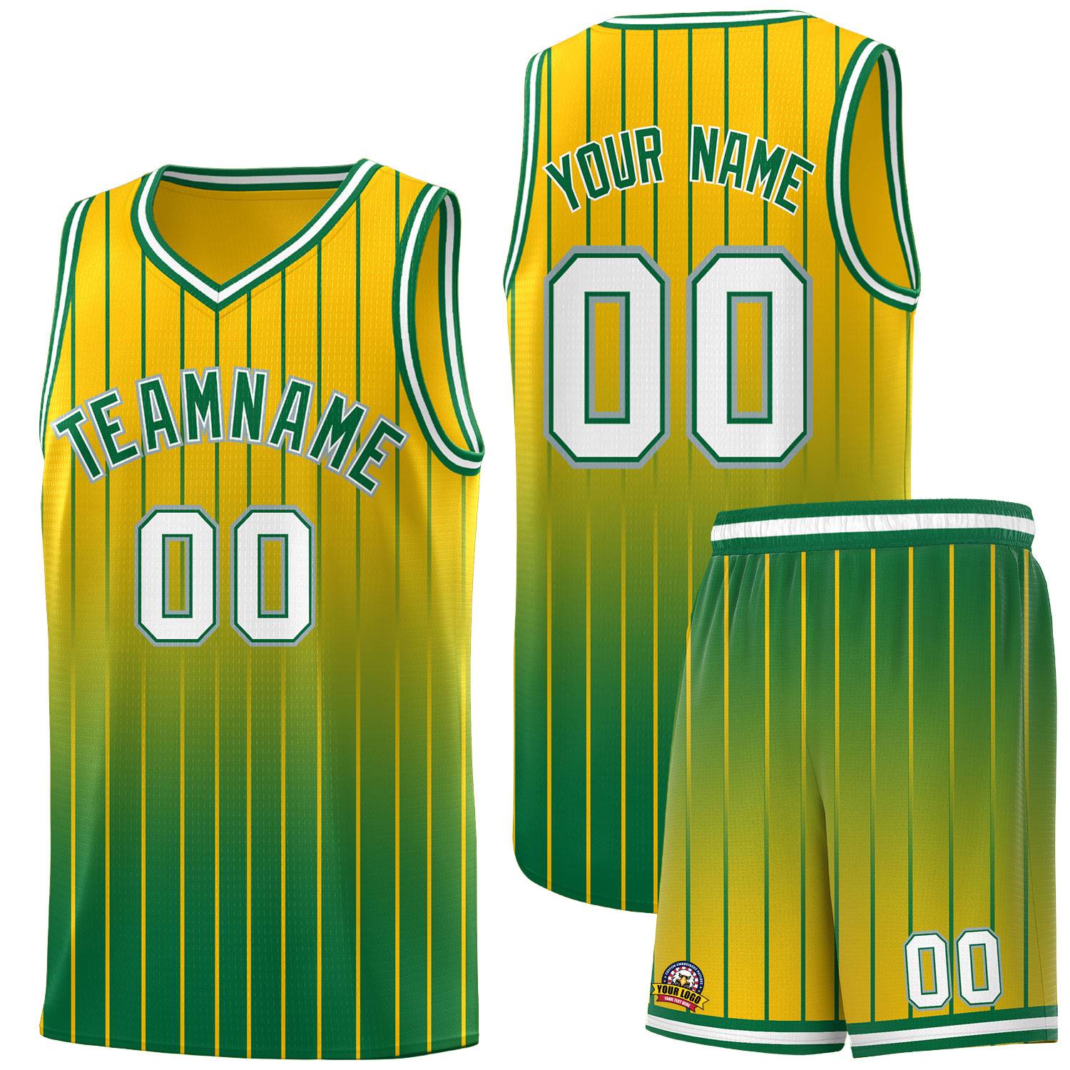 Custom Gold Kelly Green Gradient Fashion Sets Sports Stripe Uniform Basketball Jersey