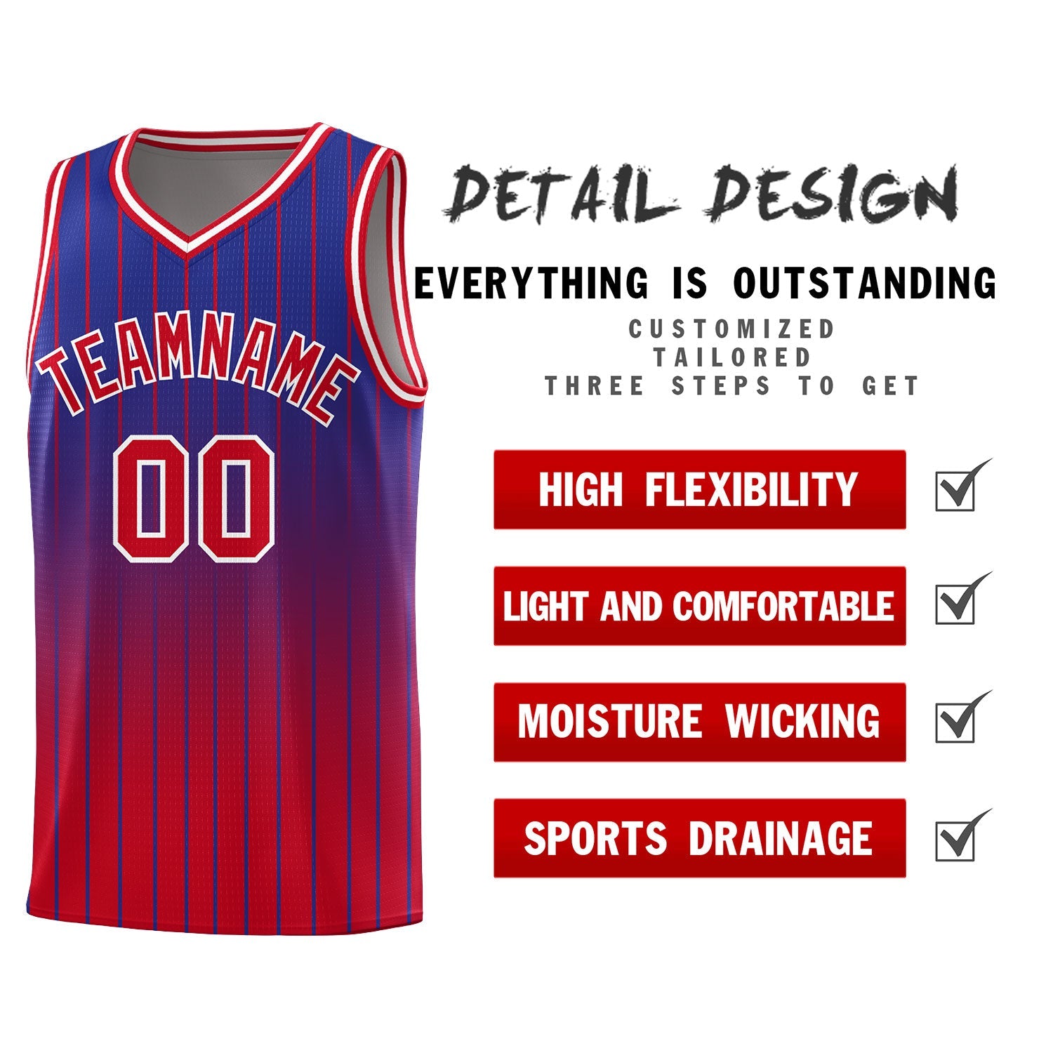 Custom Royal Red Gradient Fashion Sets Sports Stripe Uniform Basketball Jersey