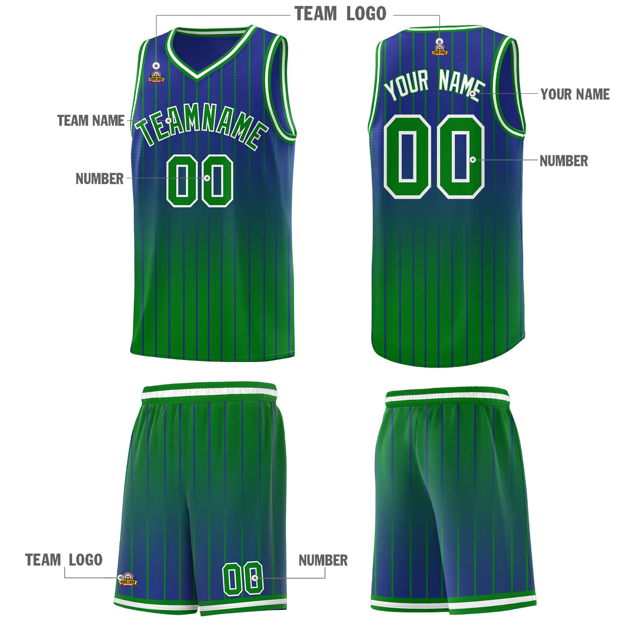 Custom Royal Green Gradient Fashion Sets Sports Stripe Uniform Basketball Jersey