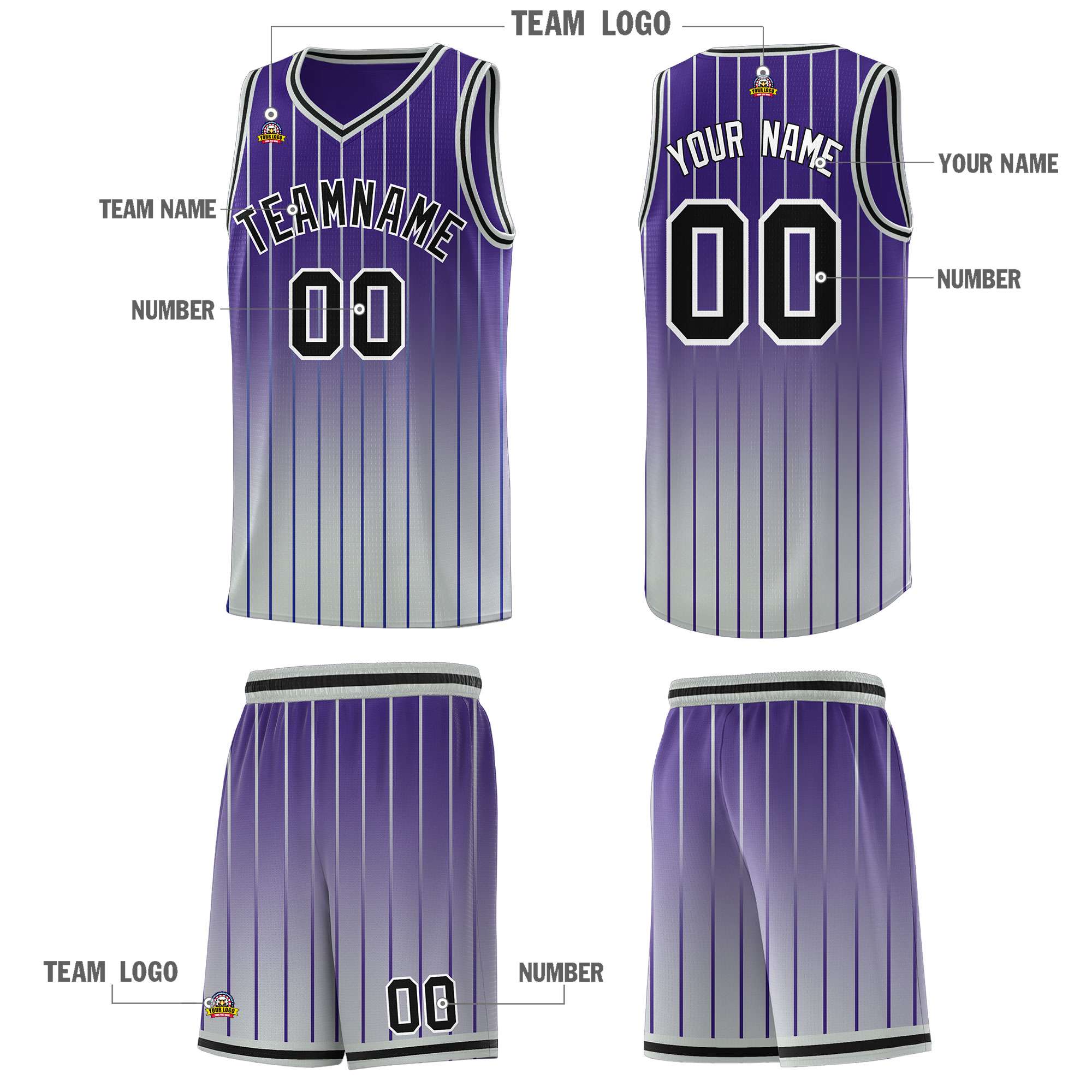 Custom Purple Gray Gradient Fashion Sets Sports Stripe Uniform Basketball Jersey