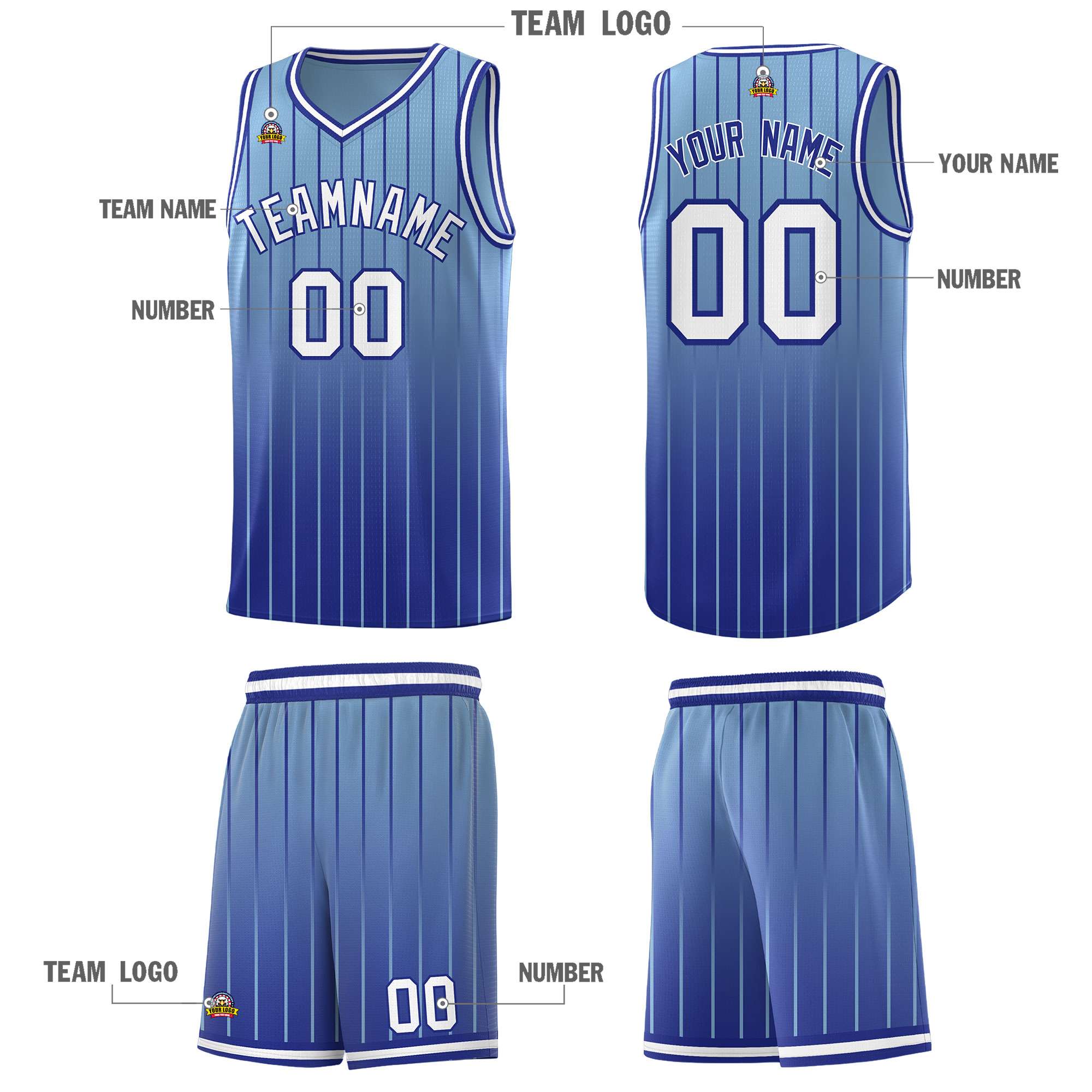 Custom Light Blue Royal Gradient Fashion Sets Sports Stripe Uniform Basketball Jersey