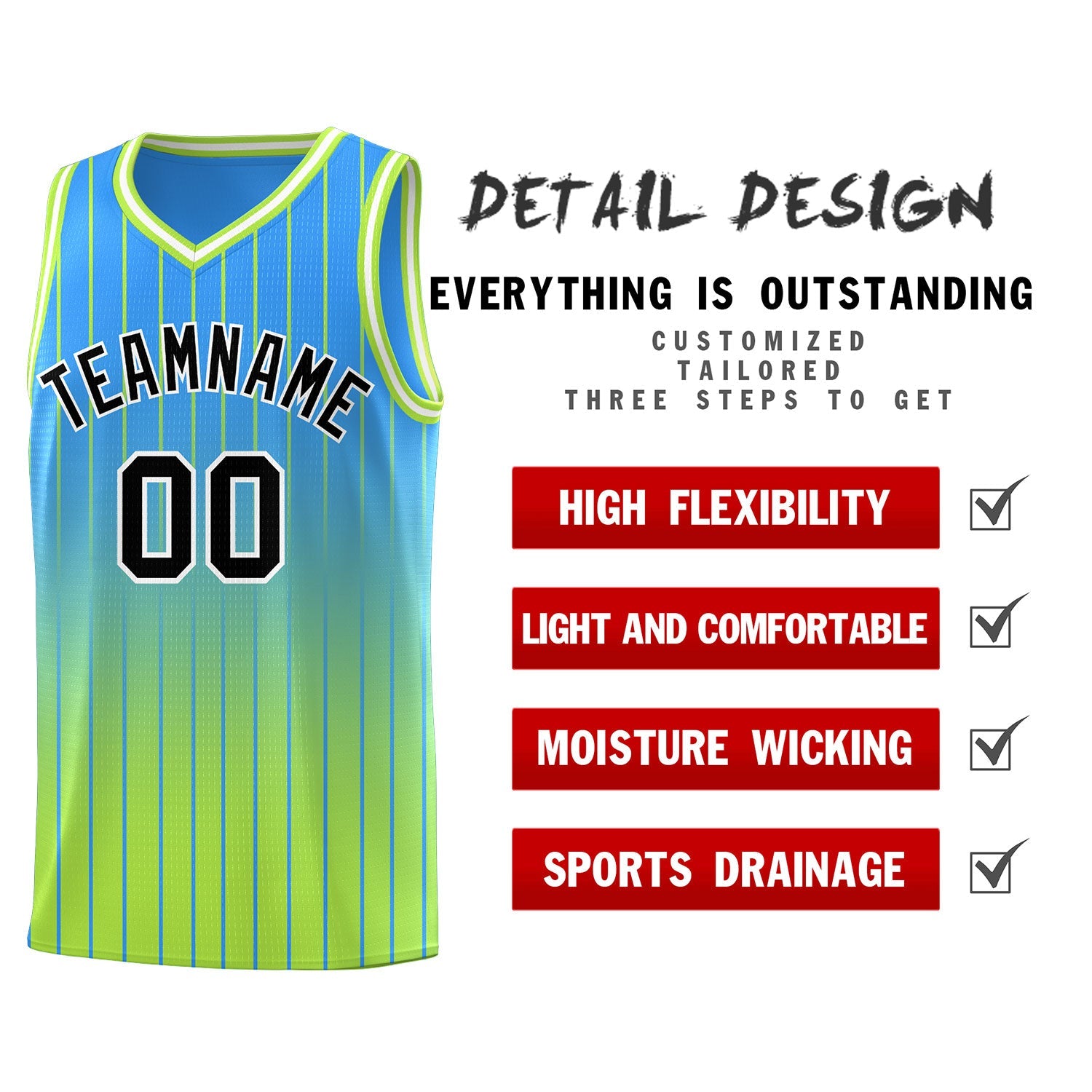 Custom Powder Blue Neon Green Gradient Fashion Sets Sports Stripe Uniform Basketball Jersey