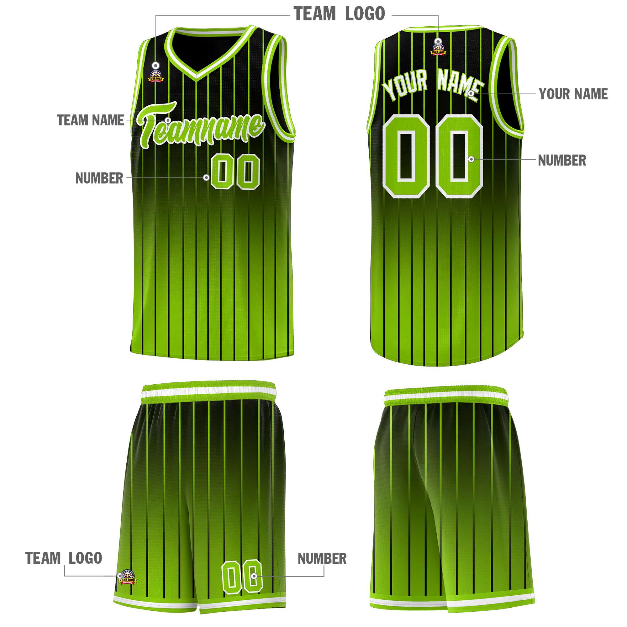 Custom Black Neon Green Gradient Fashion Sets Sports Stripe Uniform Basketball Jersey