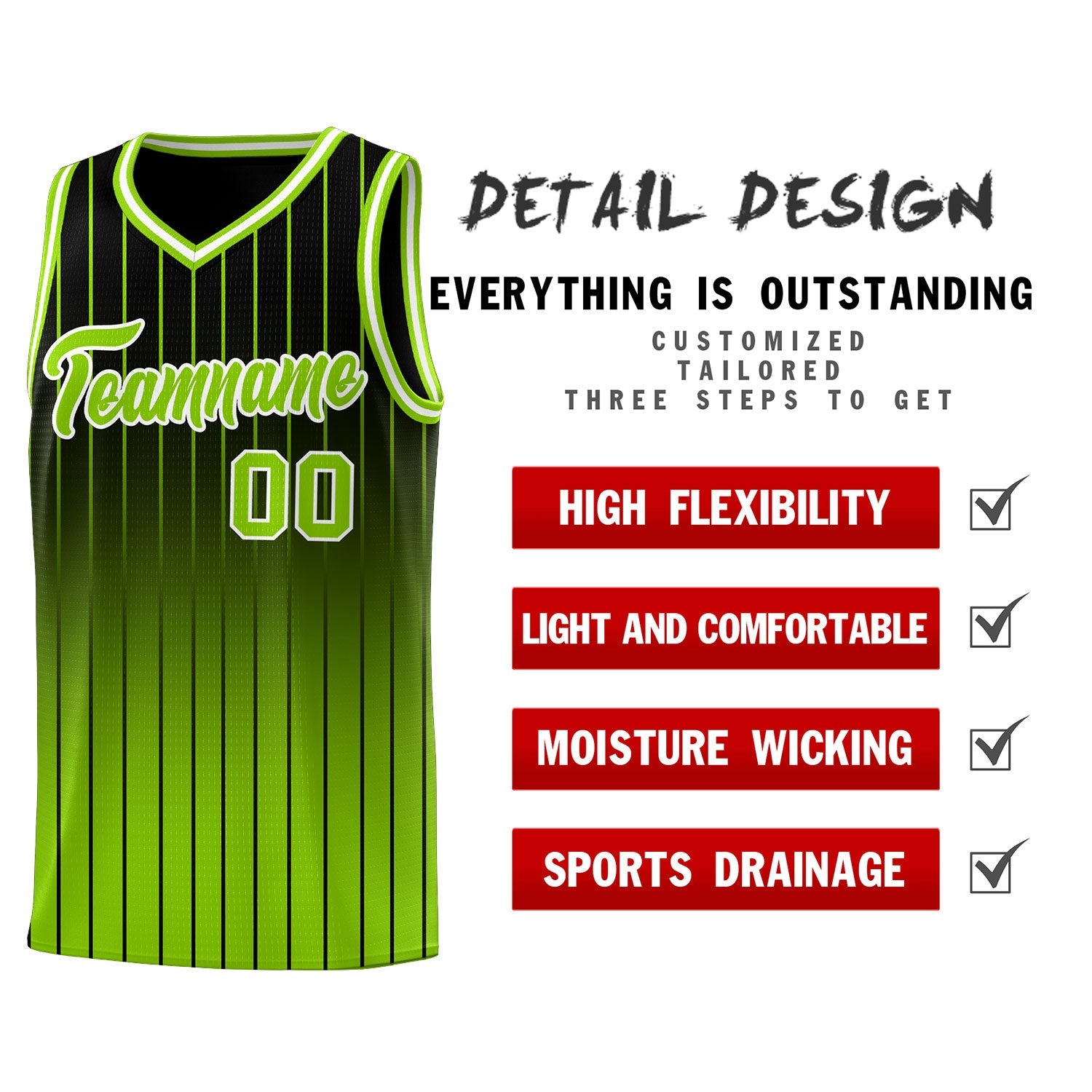 Custom Black Neon Green Gradient Fashion Sets Sports Stripe Uniform Basketball Jersey