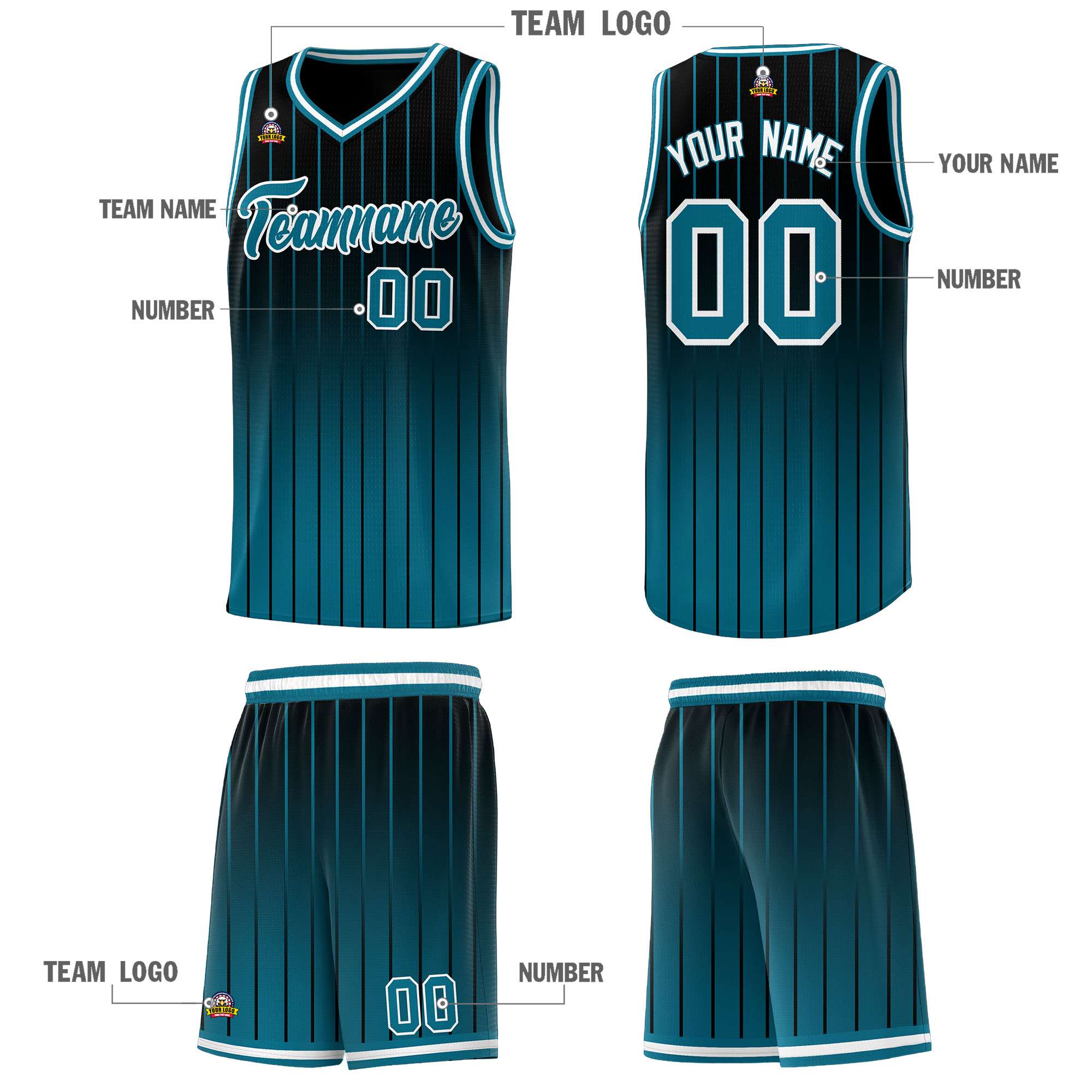 Custom Black Aqua Gradient Fashion Sets Sports Stripe Uniform Basketball Jersey