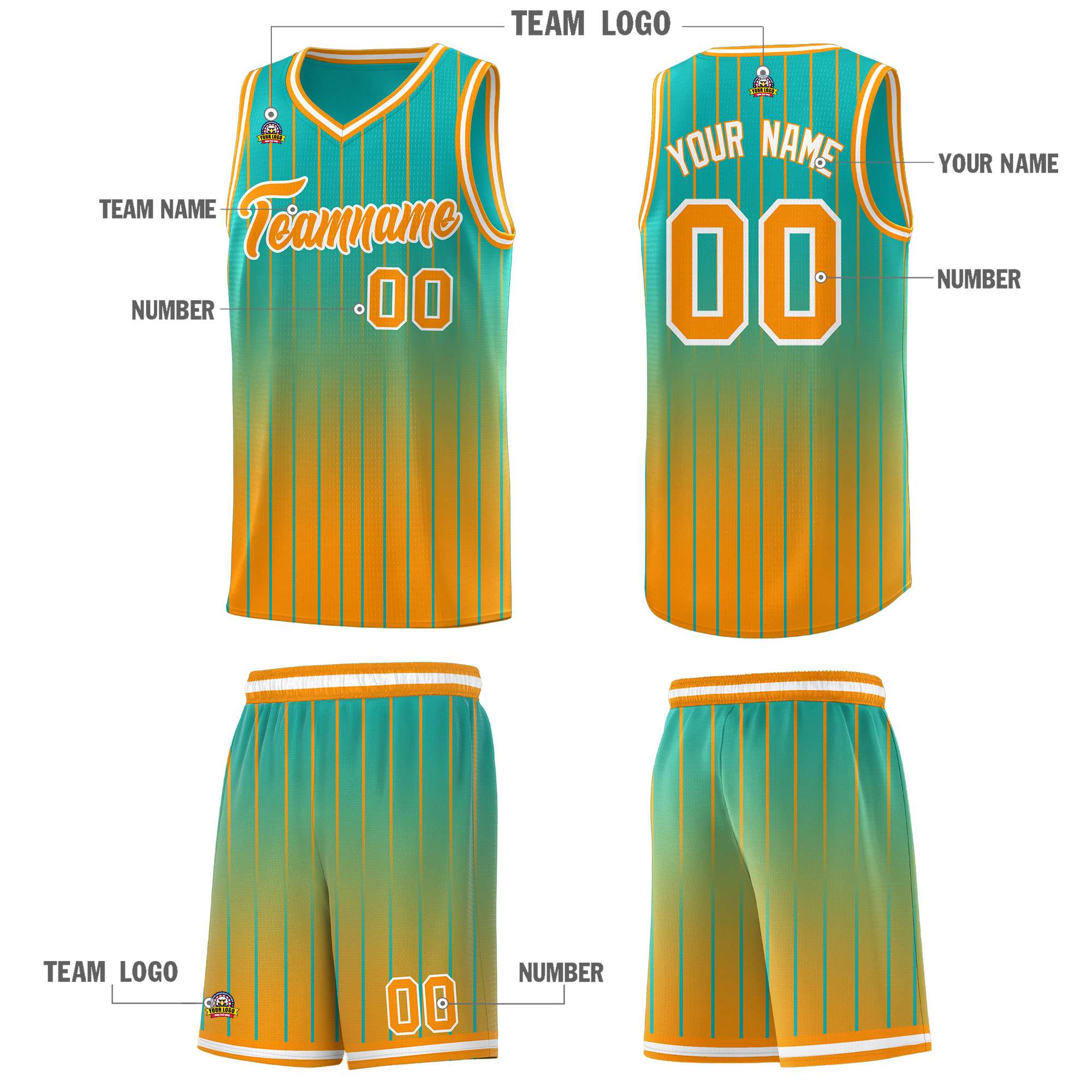 Custom Aqua Orange Gradient Fashion Sets Sports Stripe Uniform Basketball Jersey