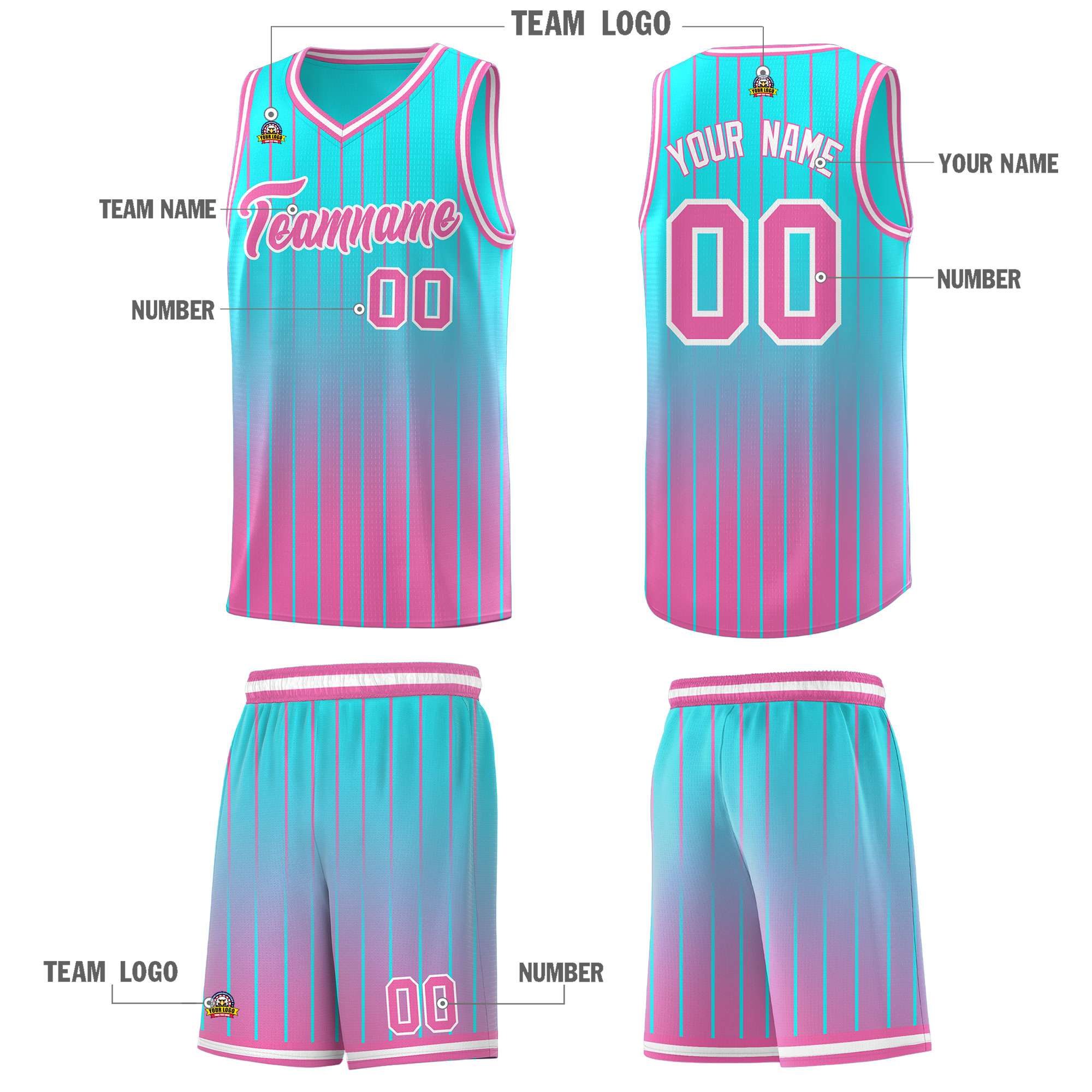 Custom Sky Blue Pink Gradient Fashion Sets Sports Stripe Uniform Basketball Jersey