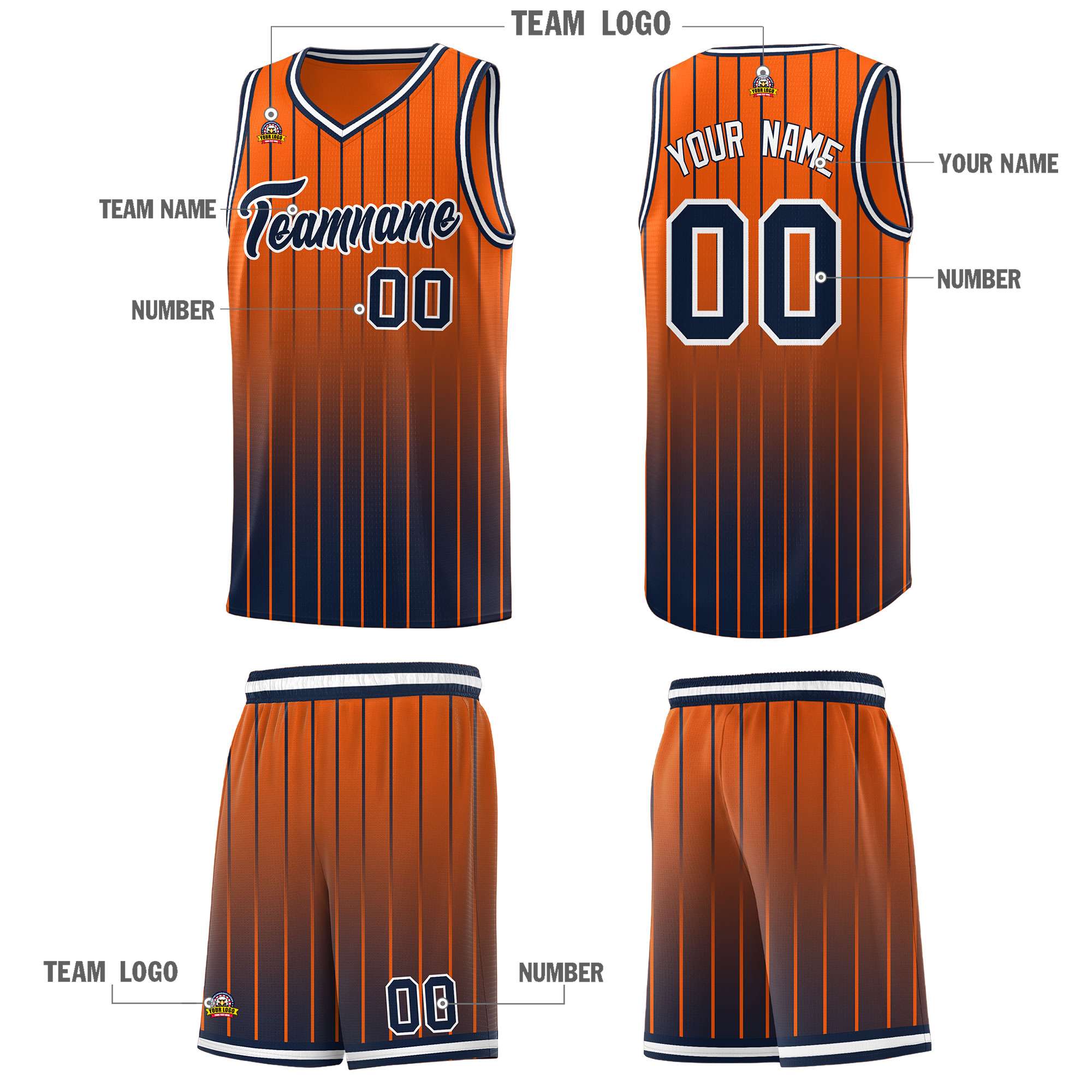 Custom Orange Navy Gradient Fashion Sets Sports Stripe Uniform Basketball Jersey