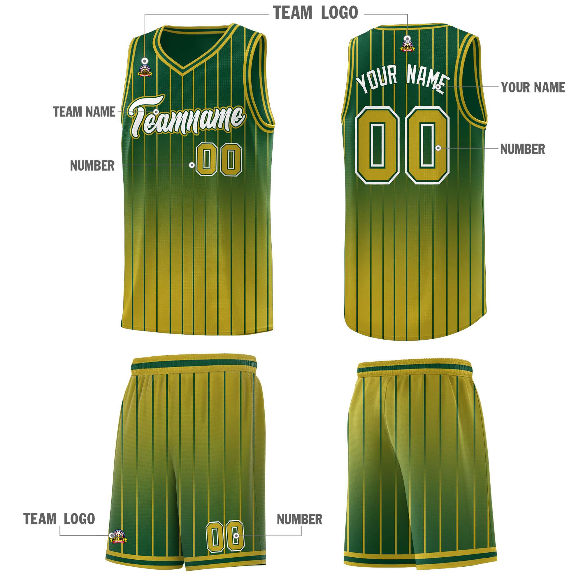 Custom Green Old Gold Gradient Fashion Sets Sports Stripe Uniform Basketball Jersey