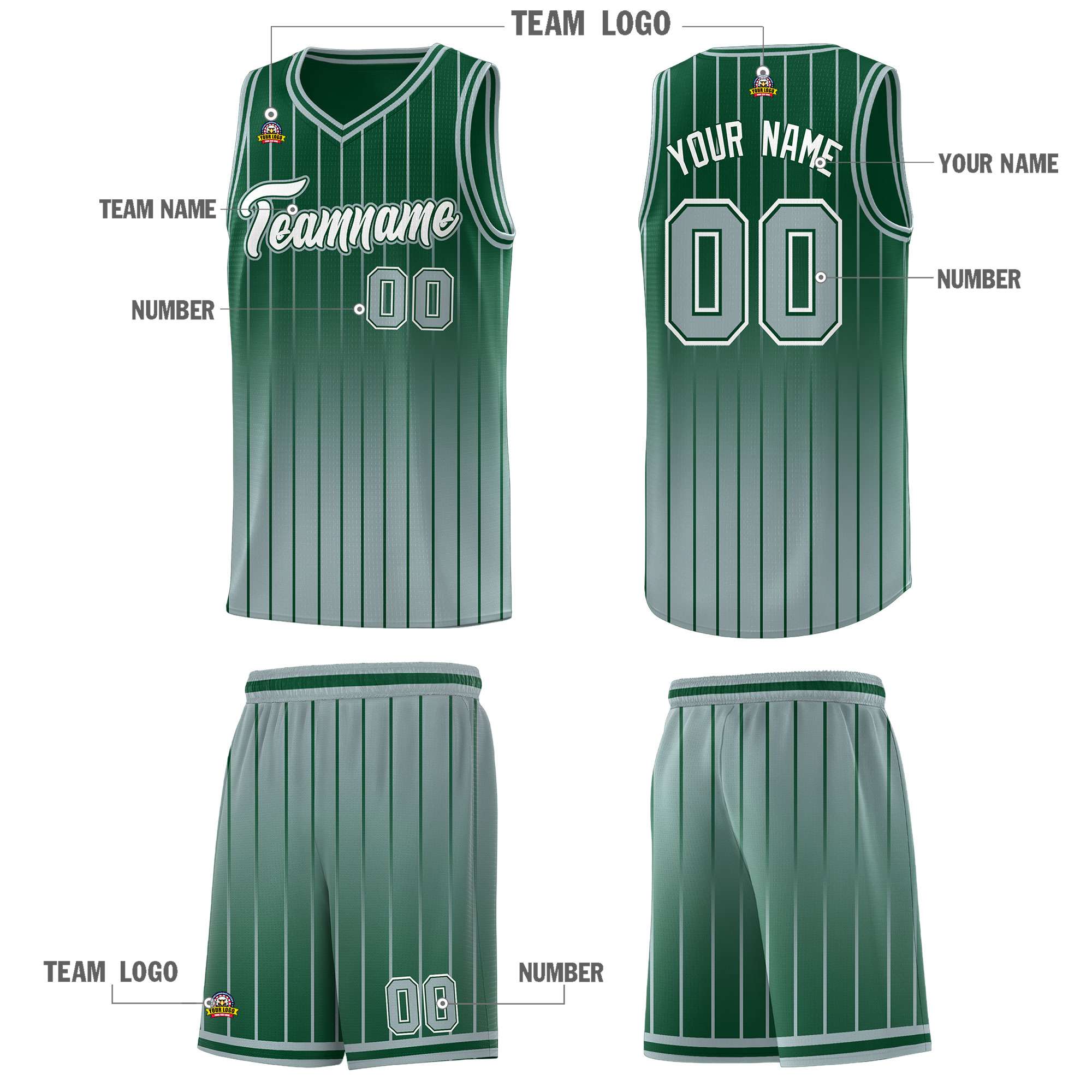 Custom Green Silver Gradient Fashion Sets Sports Stripe Uniform Basketball Jersey