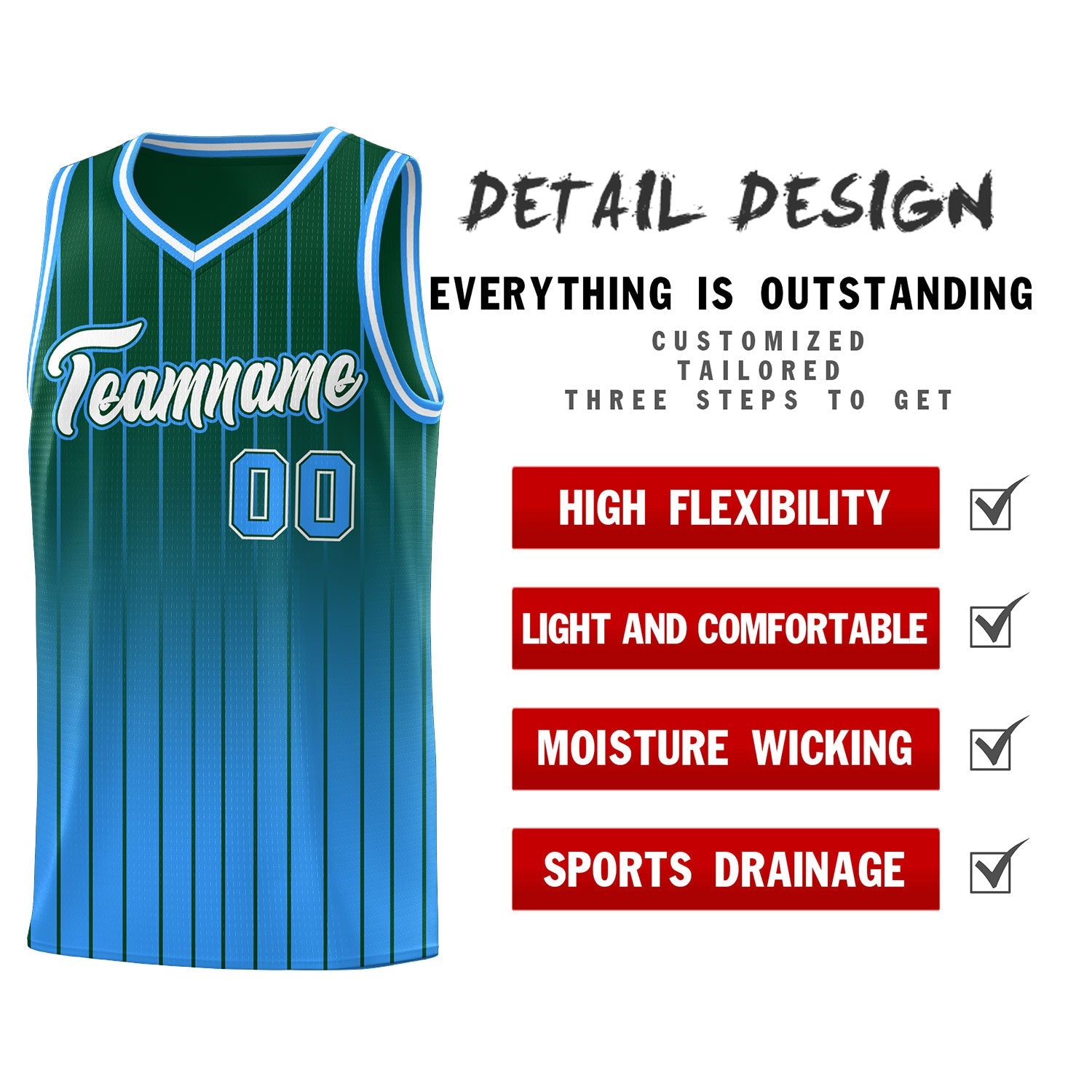 Custom Green Powder Blue Gradient Fashion Sets Sports Stripe Uniform Basketball Jersey