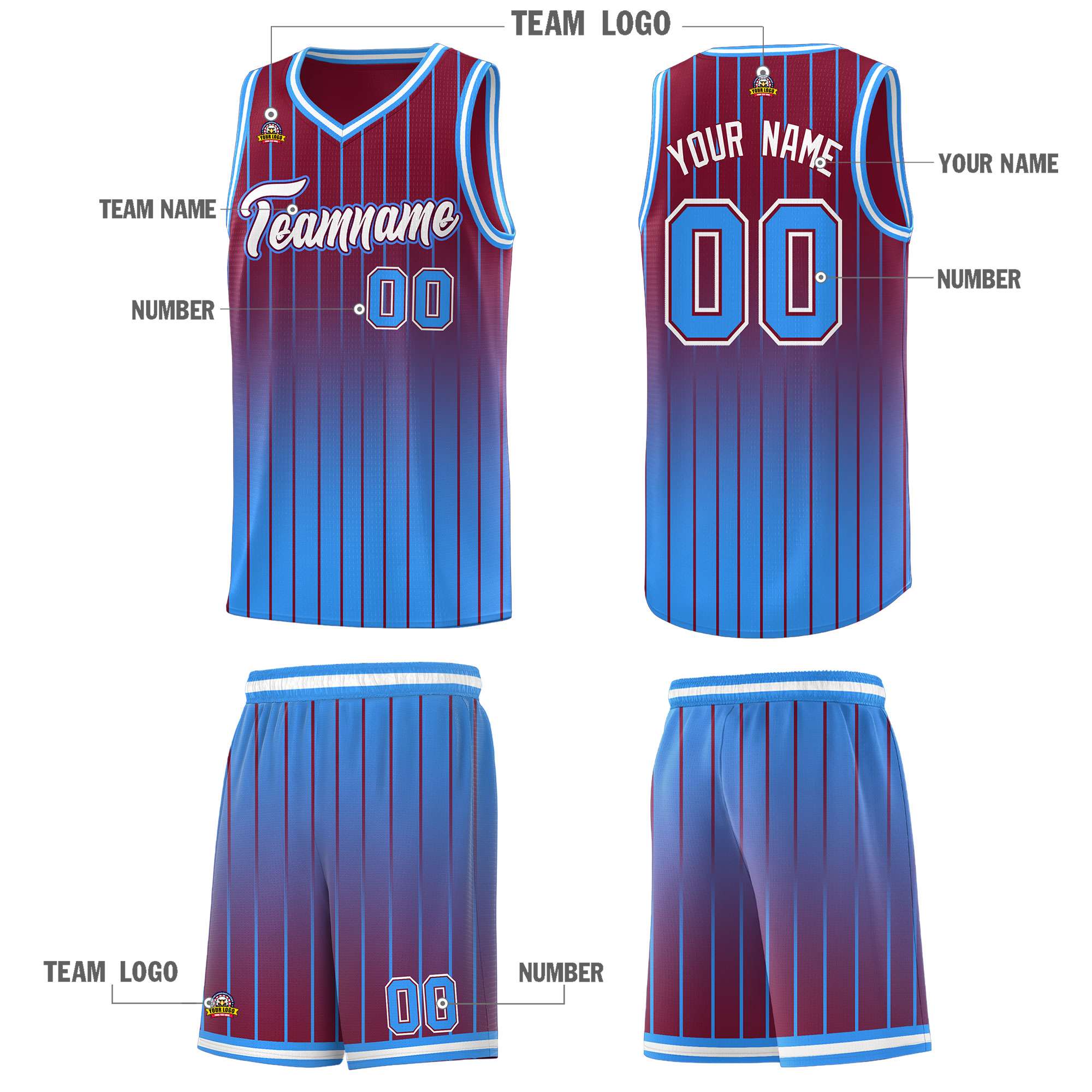 Custom Crimson Powder Blue Gradient Fashion Sets Sports Stripe Uniform Basketball Jersey