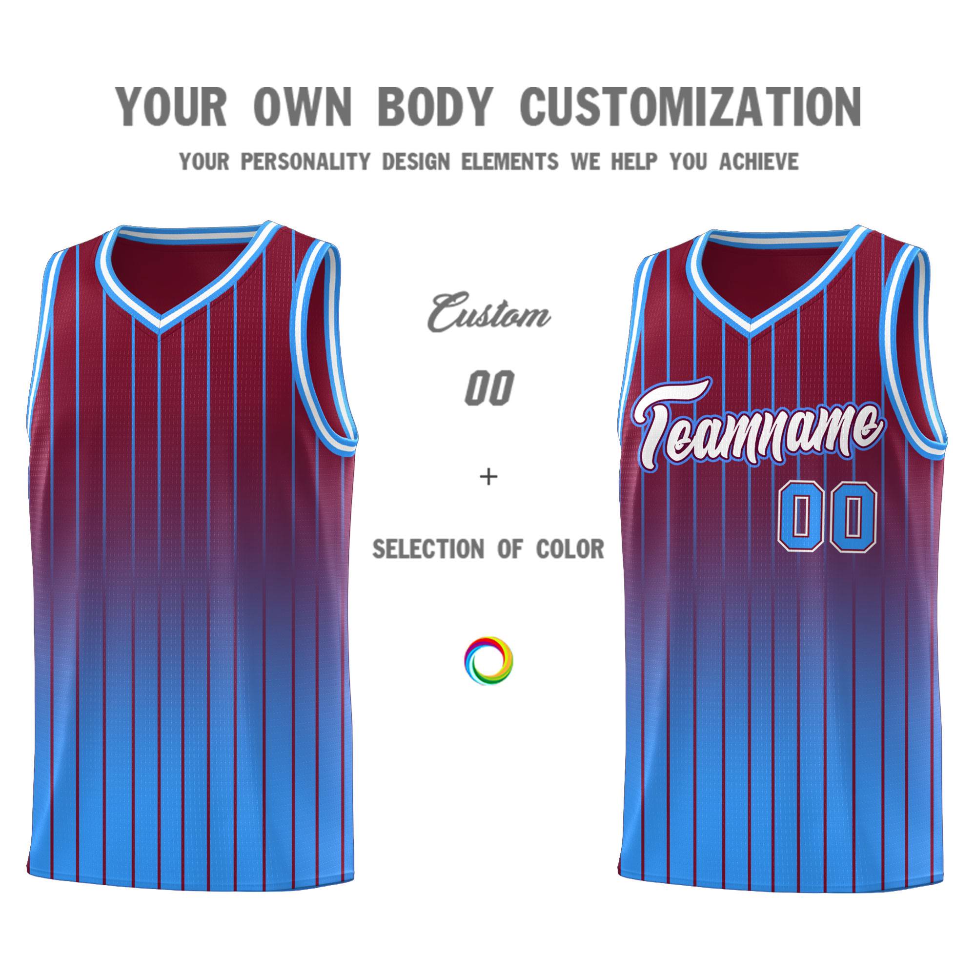 Custom Crimson Powder Blue Gradient Fashion Sets Sports Stripe Uniform Basketball Jersey