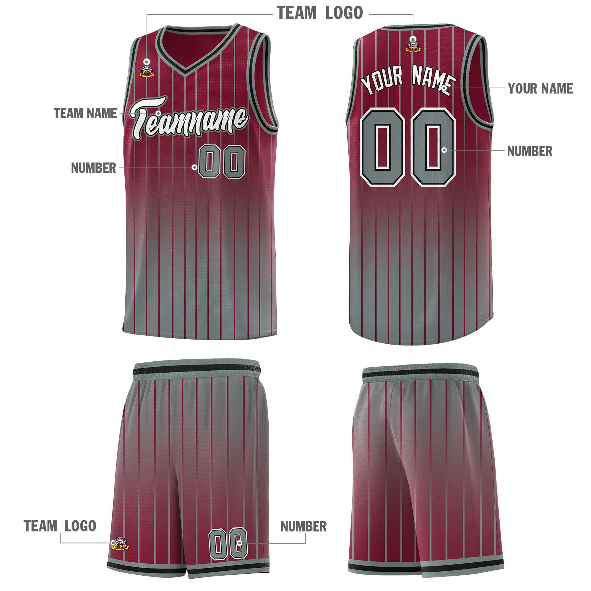 Custom Crimson Gray Gradient Fashion Sets Sports Stripe Uniform Basketball Jersey