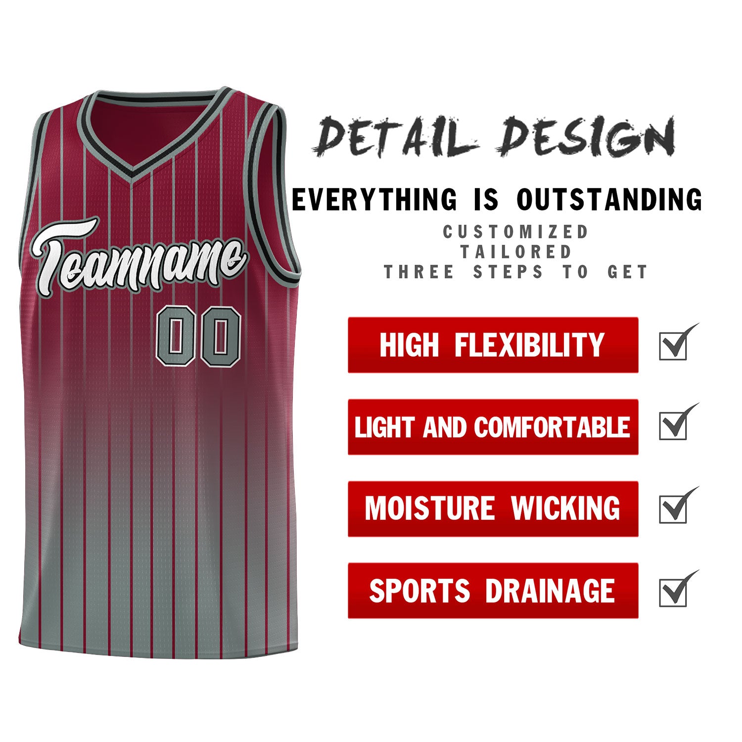 Custom Crimson Gray Gradient Fashion Sets Sports Stripe Uniform Basketball Jersey