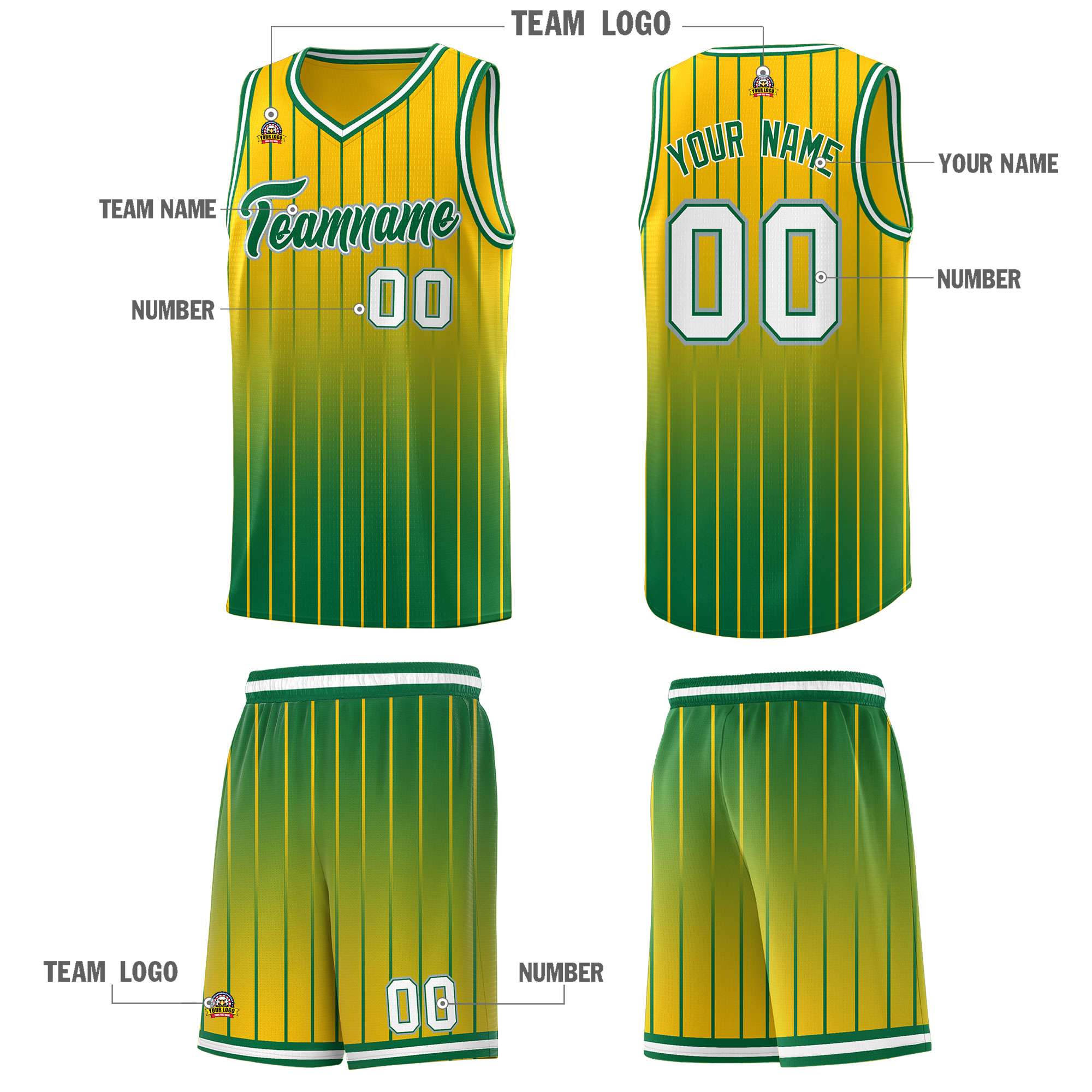 Custom Gold Kelly Green Gradient Fashion Sets Sports Stripe Uniform Basketball Jersey