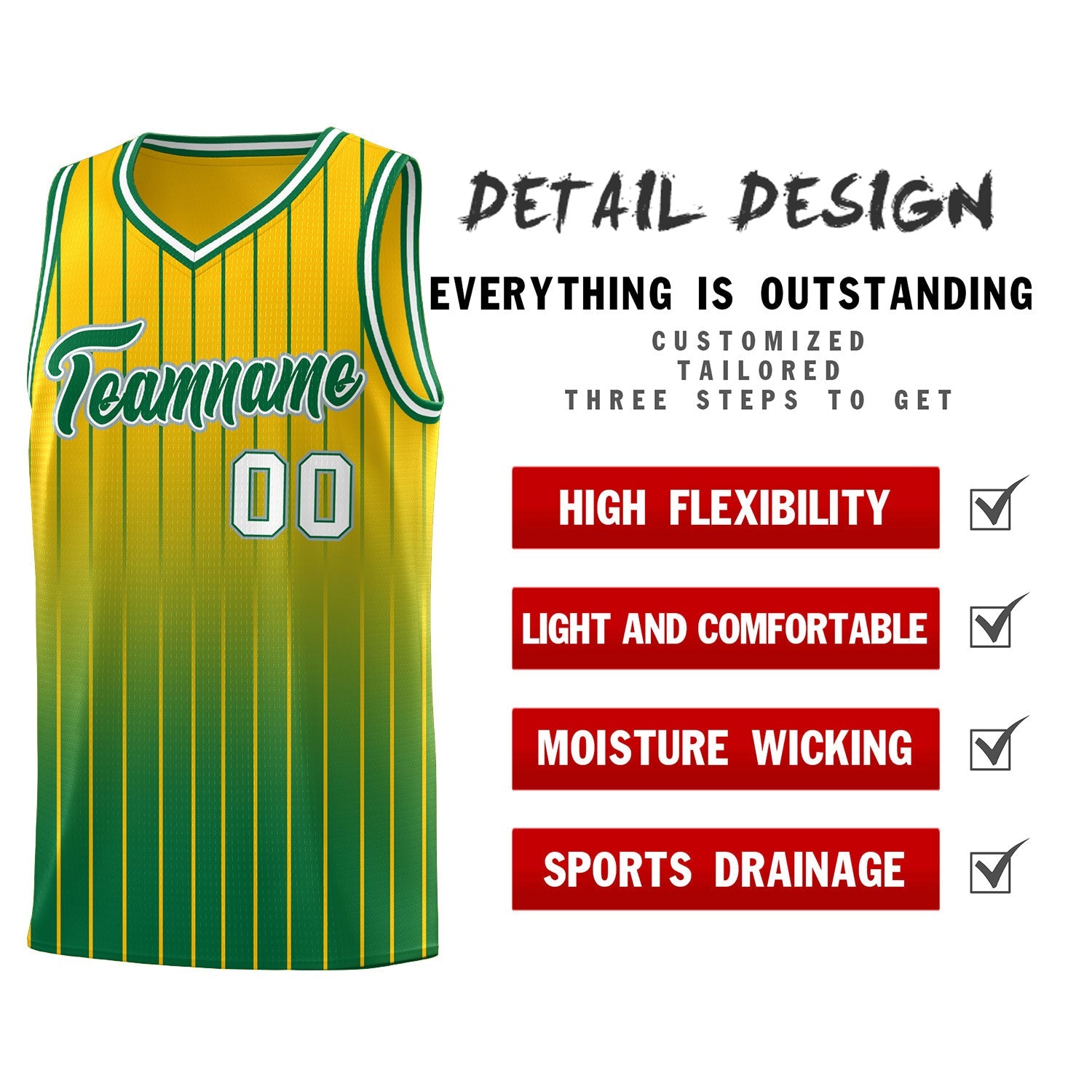 Custom Gold Kelly Green Gradient Fashion Sets Sports Stripe Uniform Basketball Jersey