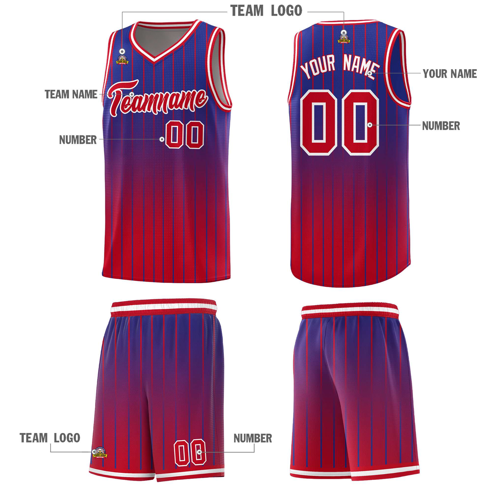 Custom Royal Red Gradient Fashion Sets Sports Stripe Uniform Basketball Jersey