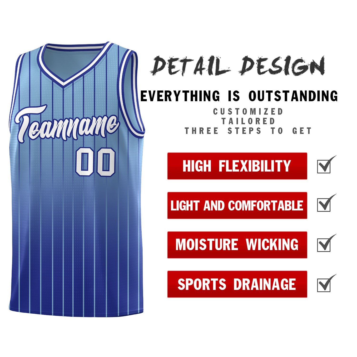 Custom Light Blue Royal Gradient Fashion Sets Sports Stripe Uniform Basketball Jersey