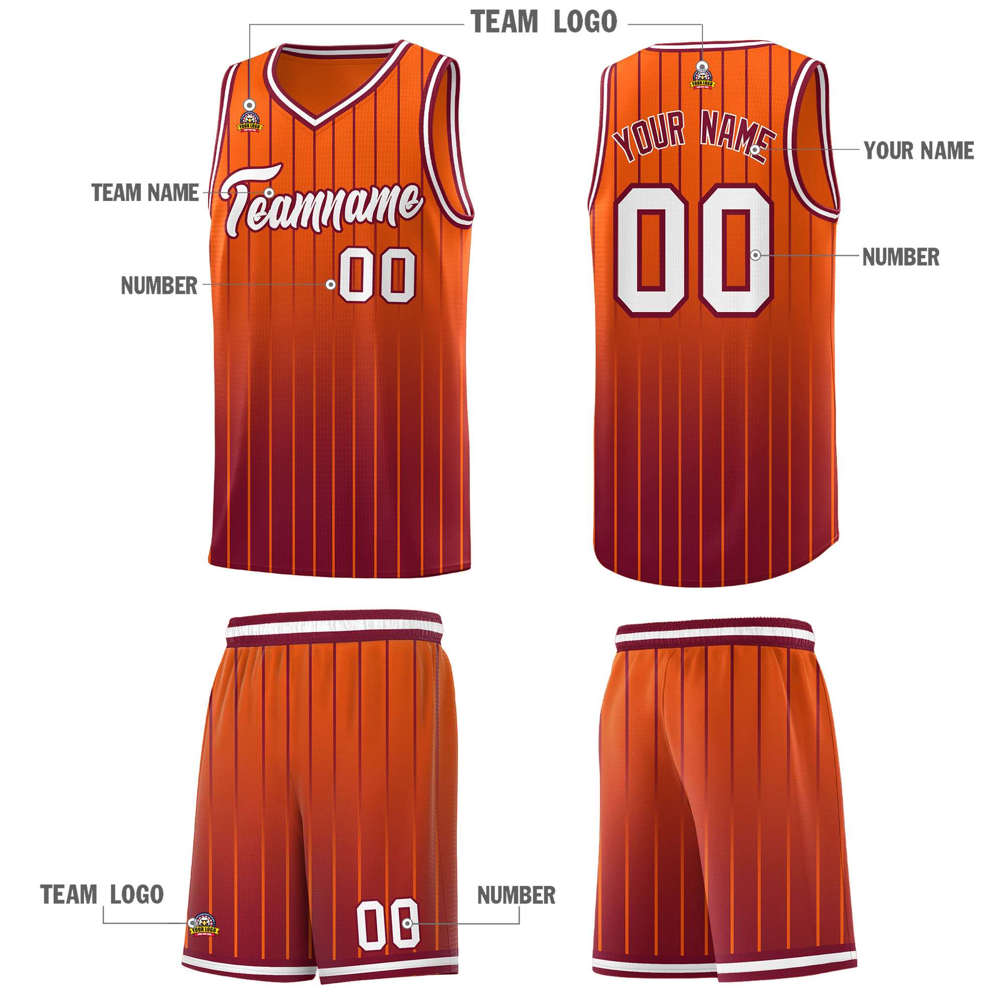 Custom Orange Crimson Gradient Fashion Sets Sports Stripe Uniform Basketball Jersey