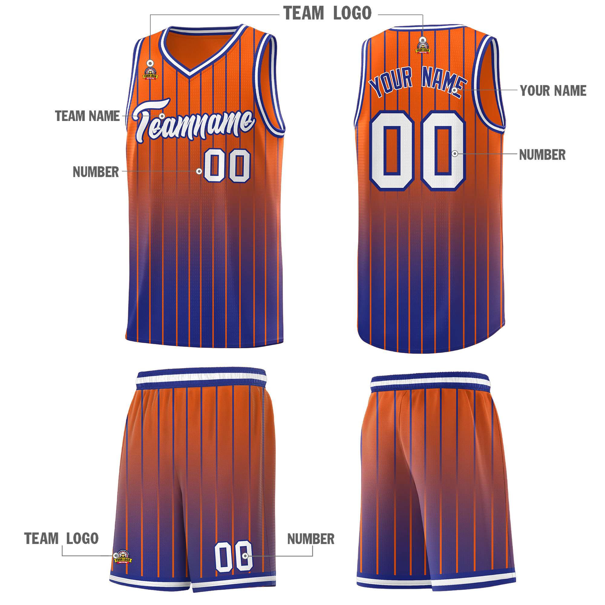 Custom Orange Royal Gradient Fashion Sets Sports Stripe Uniform Basketball Jersey