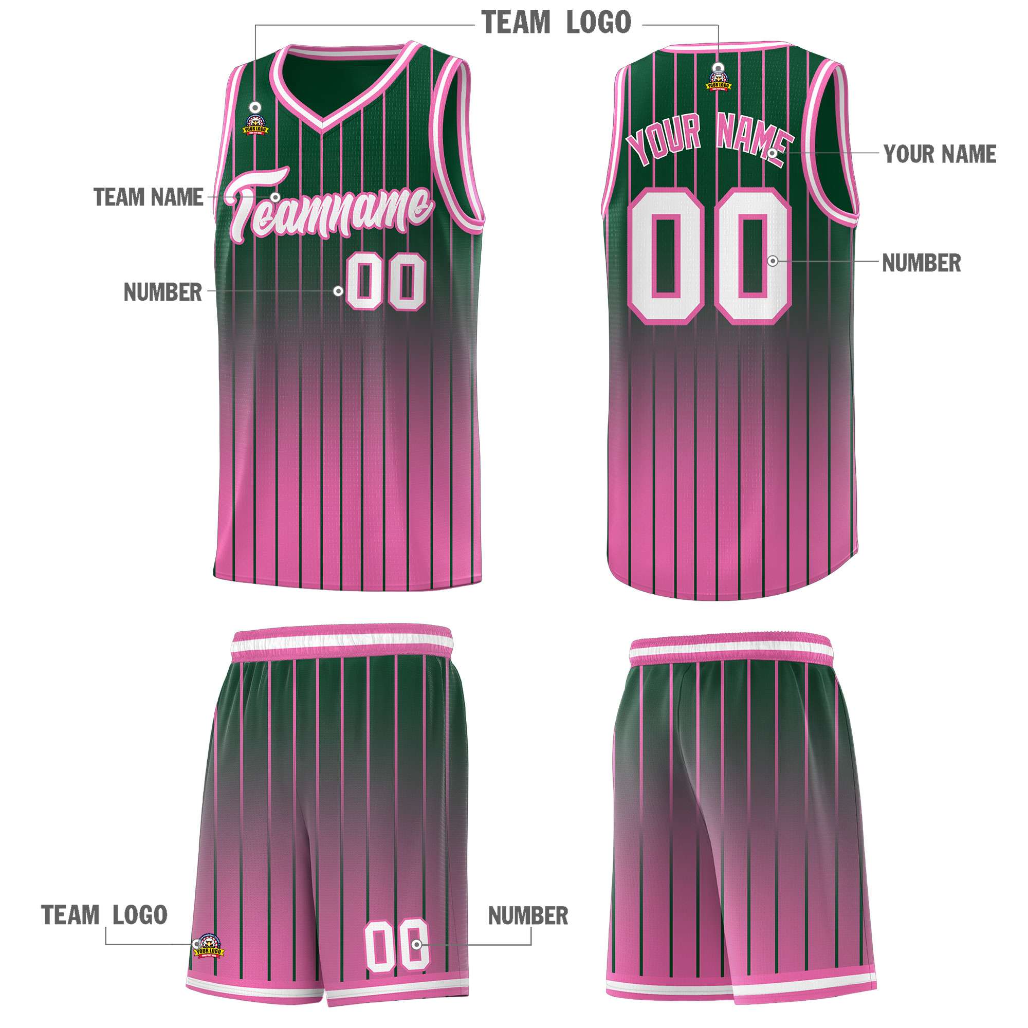 Custom Green Pink Gradient Fashion Sets Sports Stripe Uniform Basketball Jersey