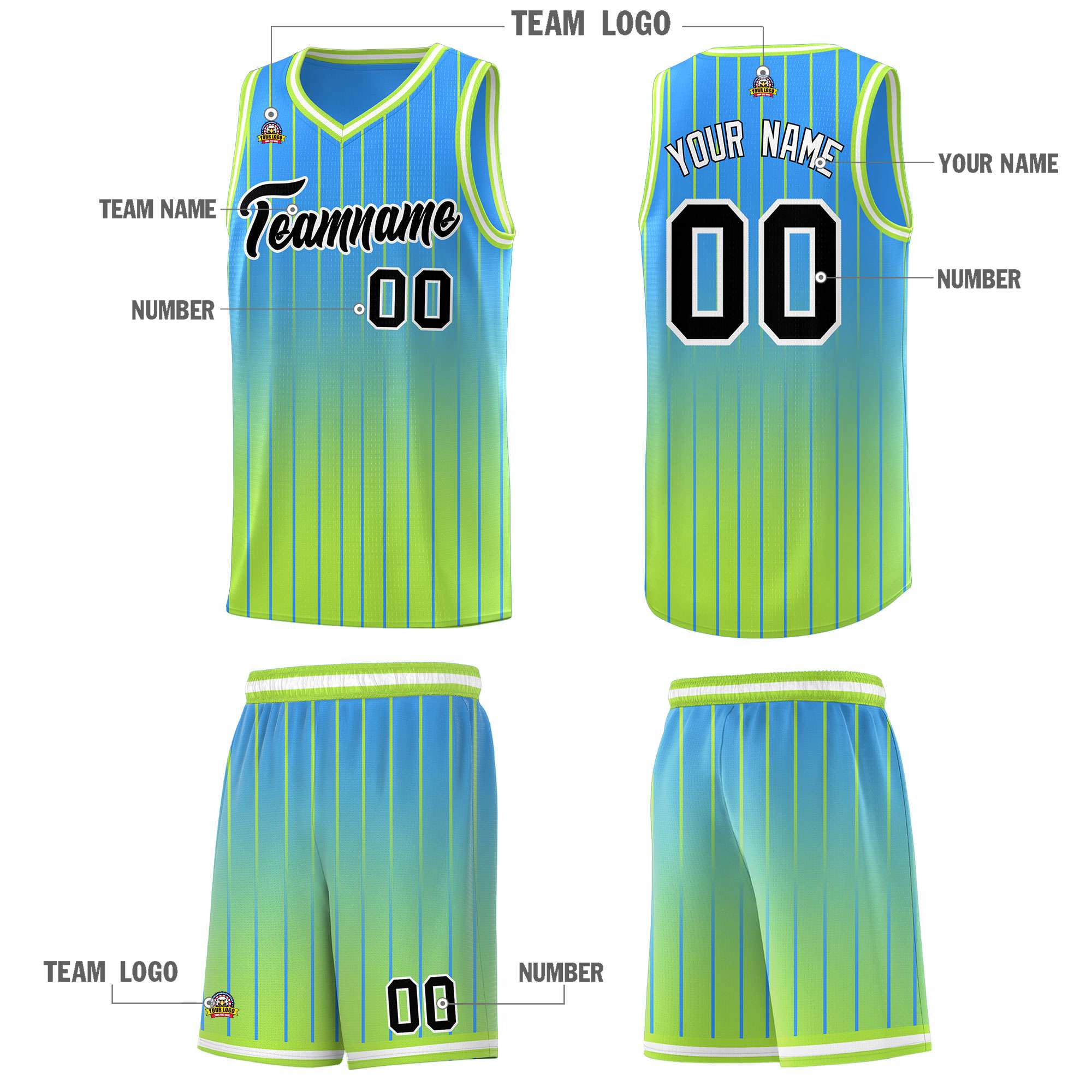 Custom Powder Blue Neon Green Gradient Fashion Sets Sports Stripe Uniform Basketball Jersey