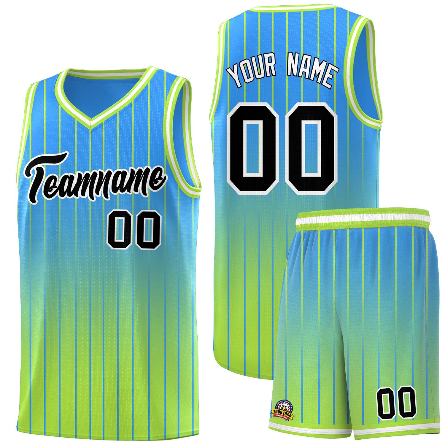 Custom Powder Blue Neon Green Gradient Fashion Sets Sports Stripe Uniform Basketball Jersey