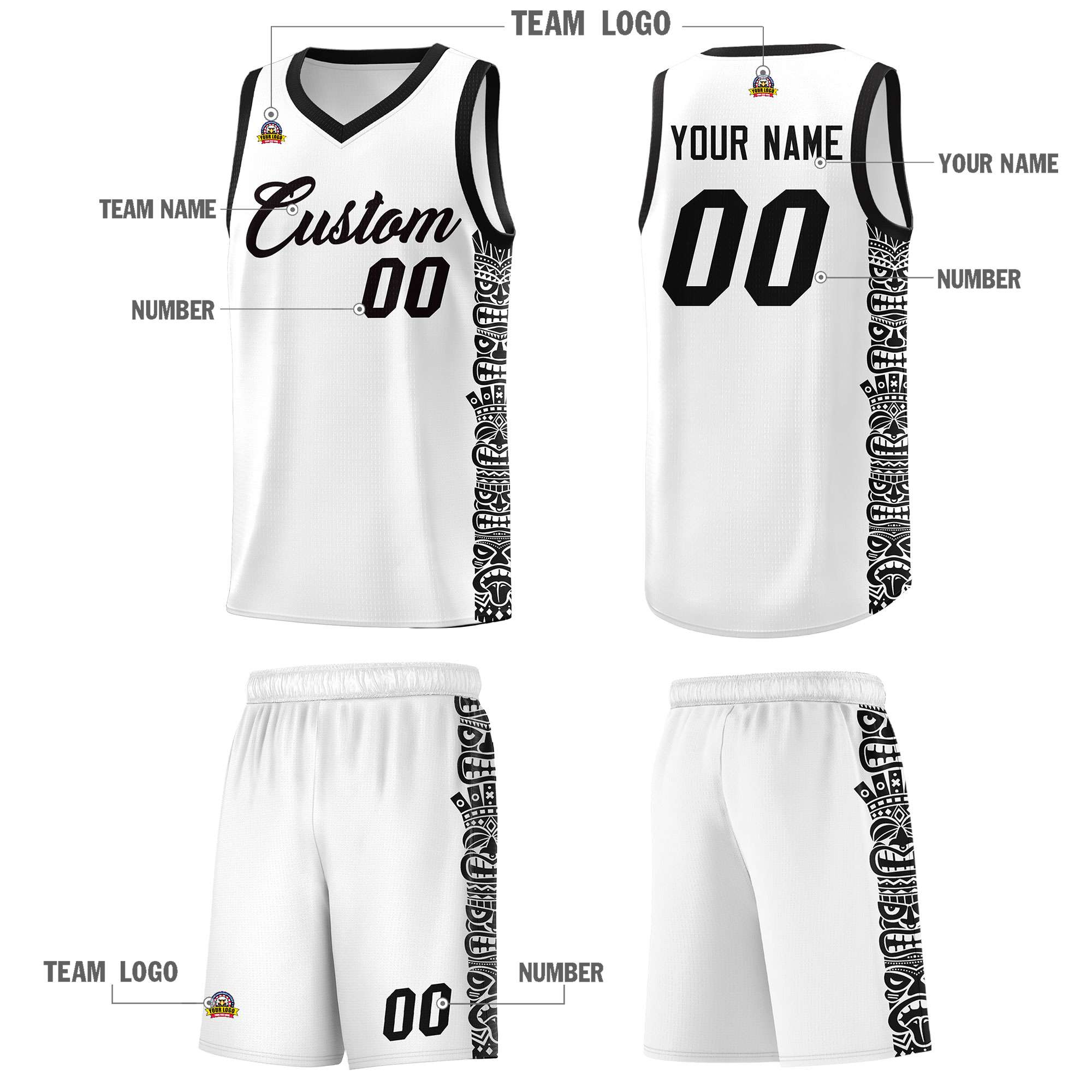 Custom White Black Personalized Indians Pattern Sets Sports Uniform Basketball Jersey