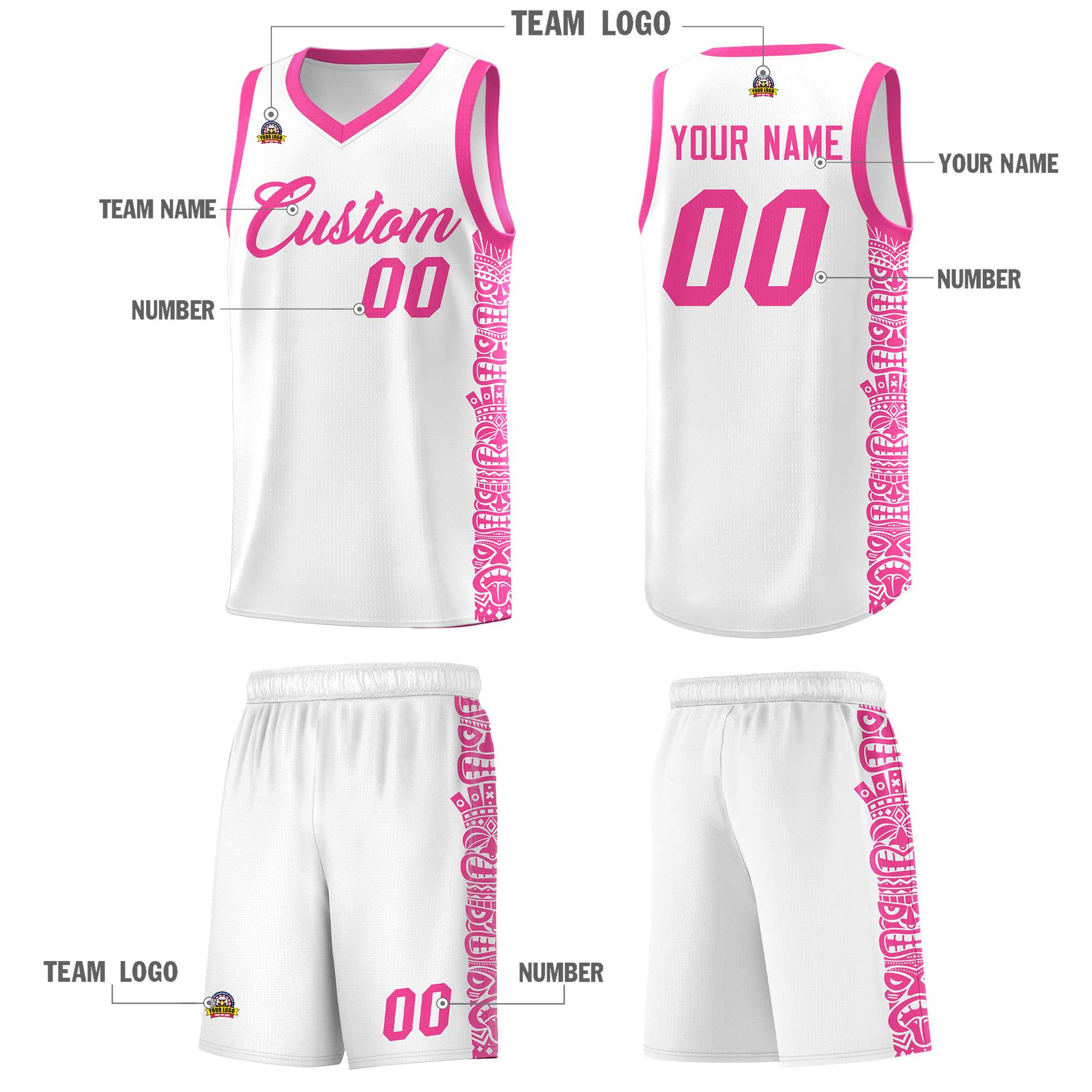 Custom White Pink Personalized Indians Pattern Sets Sports Uniform Basketball Jersey