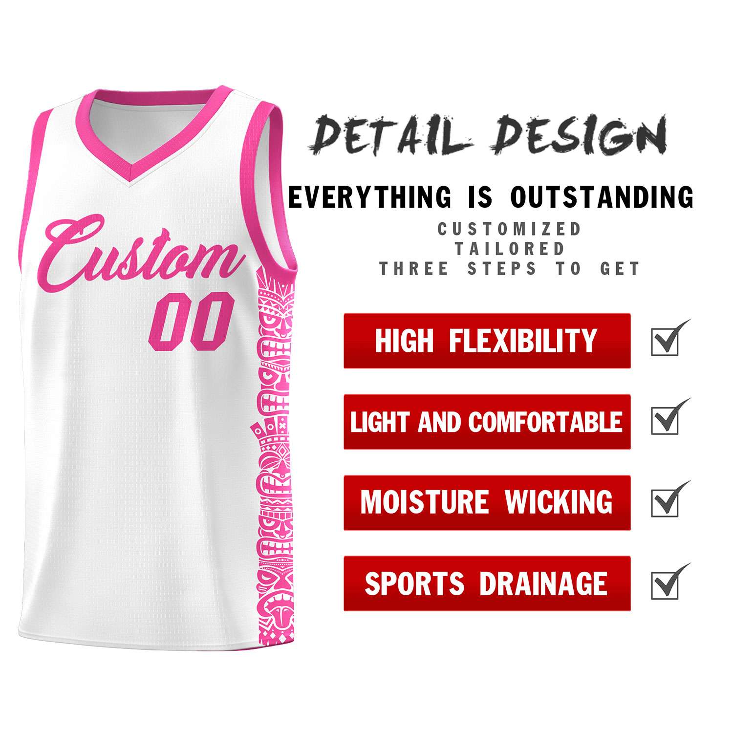 Custom White Pink Personalized Indians Pattern Sets Sports Uniform Basketball Jersey