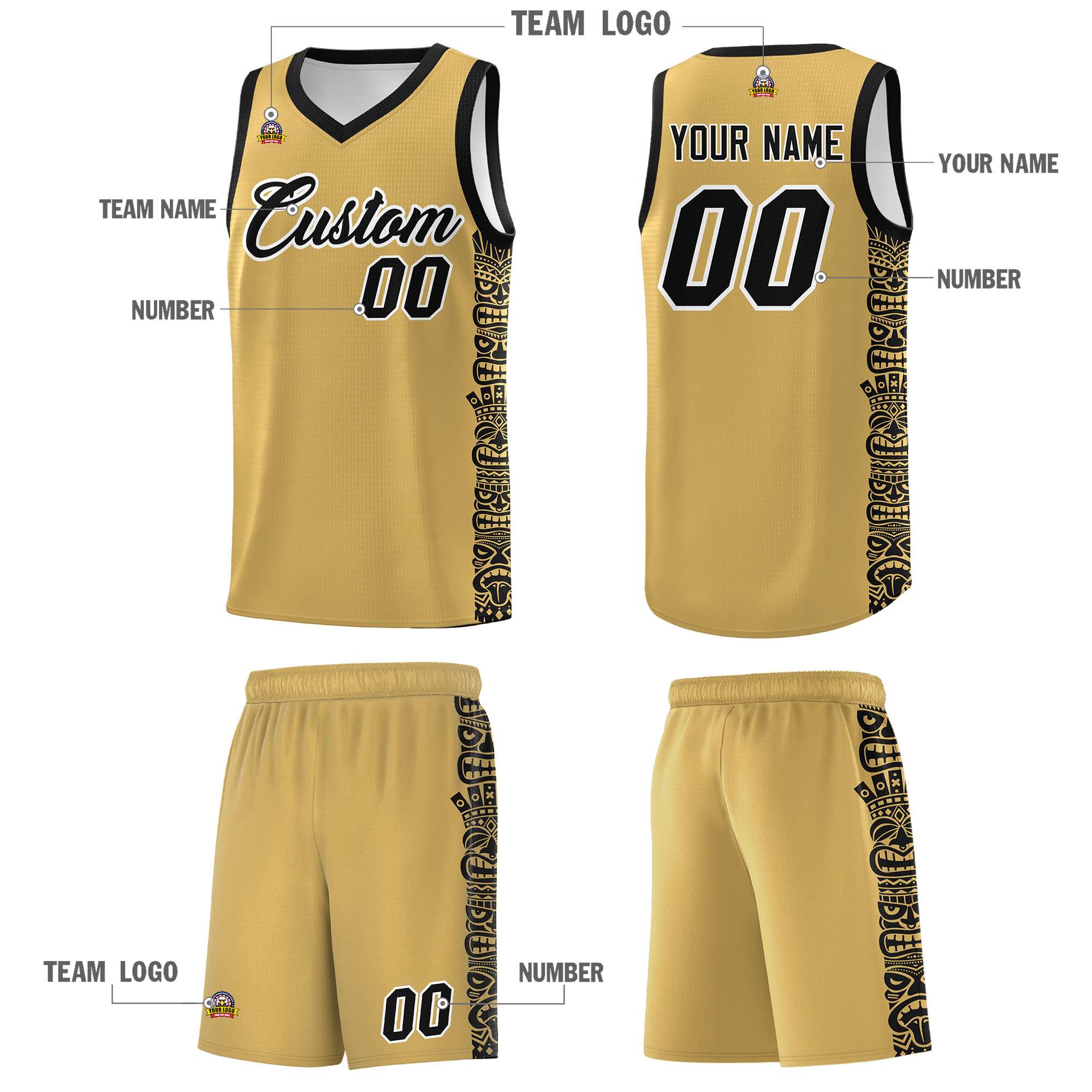 Custom Old Gold Black Personalized Indians Pattern Sets Sports Uniform Basketball Jersey