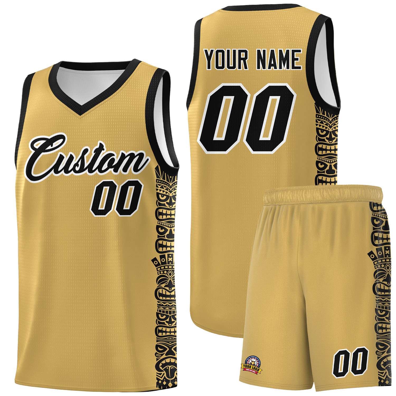 Custom Old Gold Black Personalized Indians Pattern Sets Sports Uniform Basketball Jersey