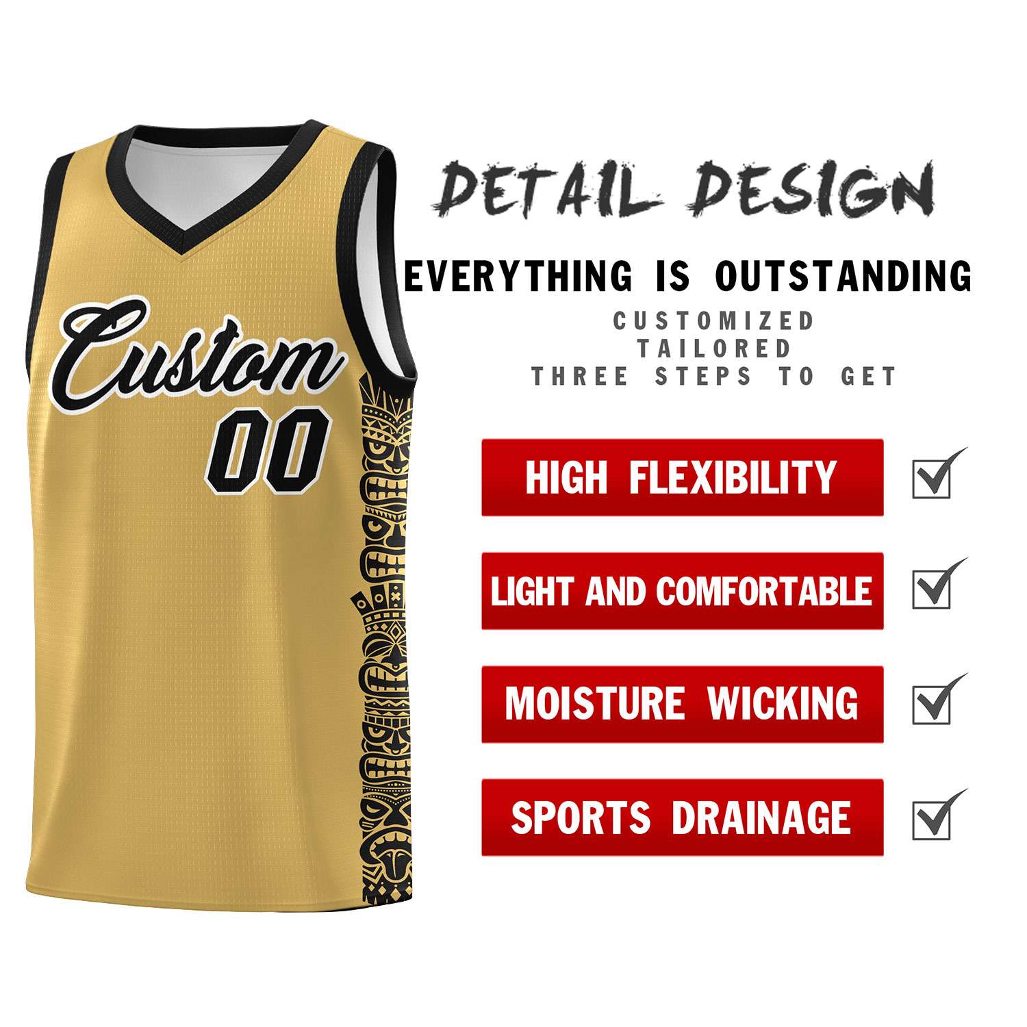 Custom Old Gold Black Personalized Indians Pattern Sets Sports Uniform Basketball Jersey